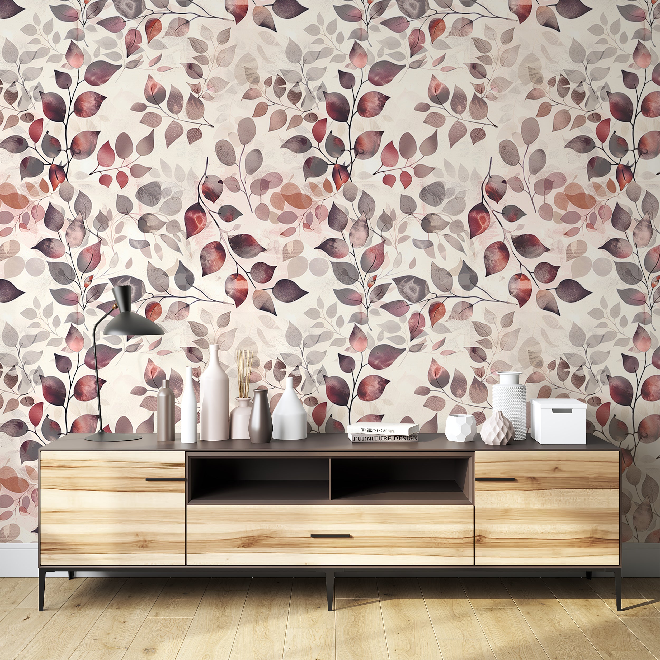 Pastel Red Leaves Wallpaper, Peel and Stick Removable Autumn Wall Decor, Soft Red Botanical Wallpaper, Watercolor Floral Wall Art