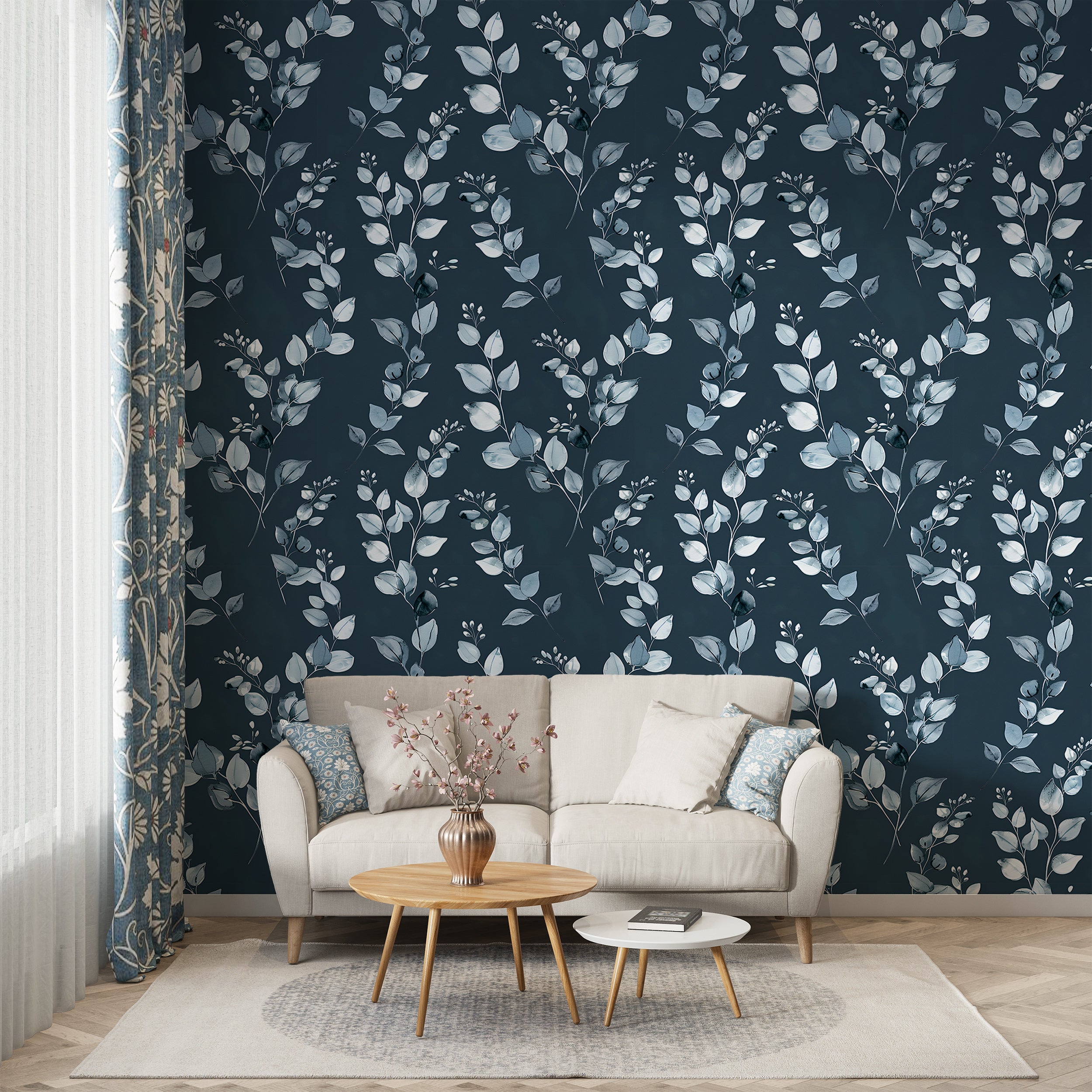 Dark Blue Botanical Wallpaper, Watercolor Grey Leaves Wallpaper, Peel and Stick Silver and Blue Wall Decor, Minimalistic Blue Leaf Pattern