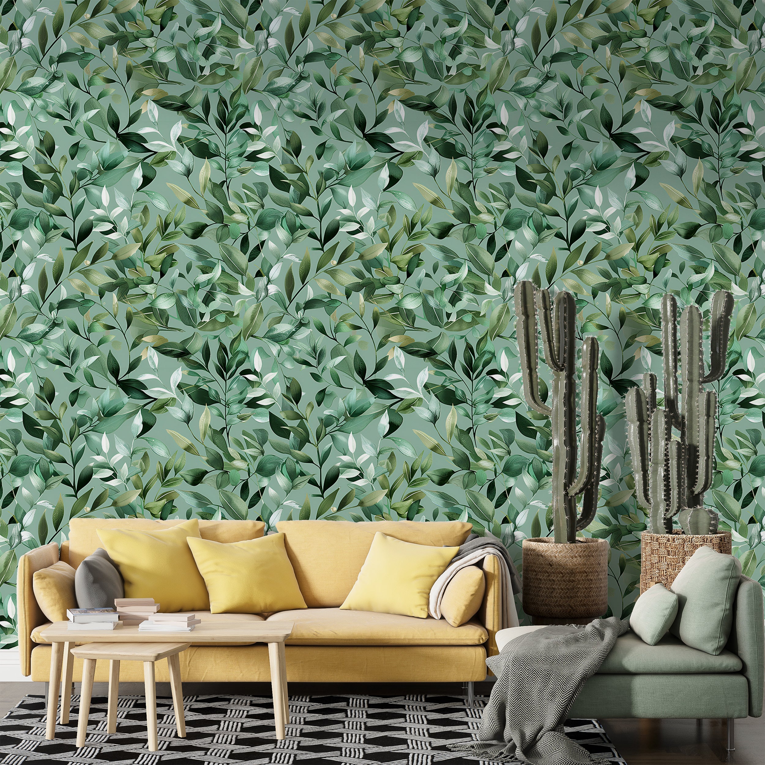 Greenery Wallpaper, Peel and Stick or Pre-pasted Green Botanical Wallpaper, Leaves and Branches Wall Decor, Removable Nature Wall Art