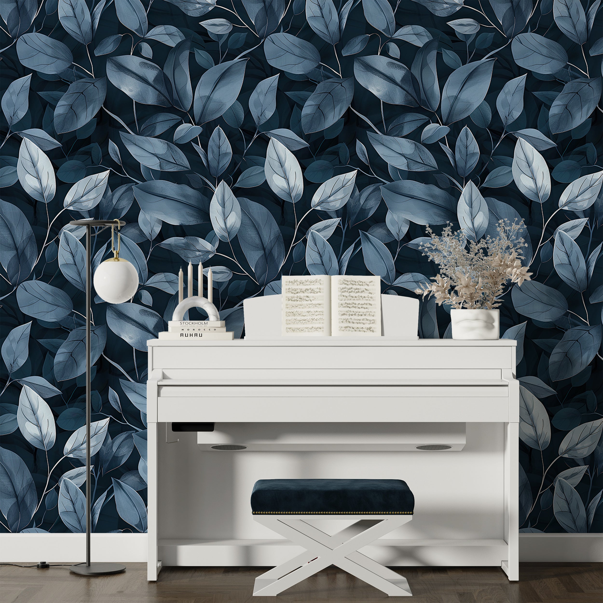 Large Scale Blue Leaf Pattern Wallpaper, Peel and Stick or Pre-pasted Dark Botanical Wallpaper, Accent Wall Vibrant Navy Blue Art