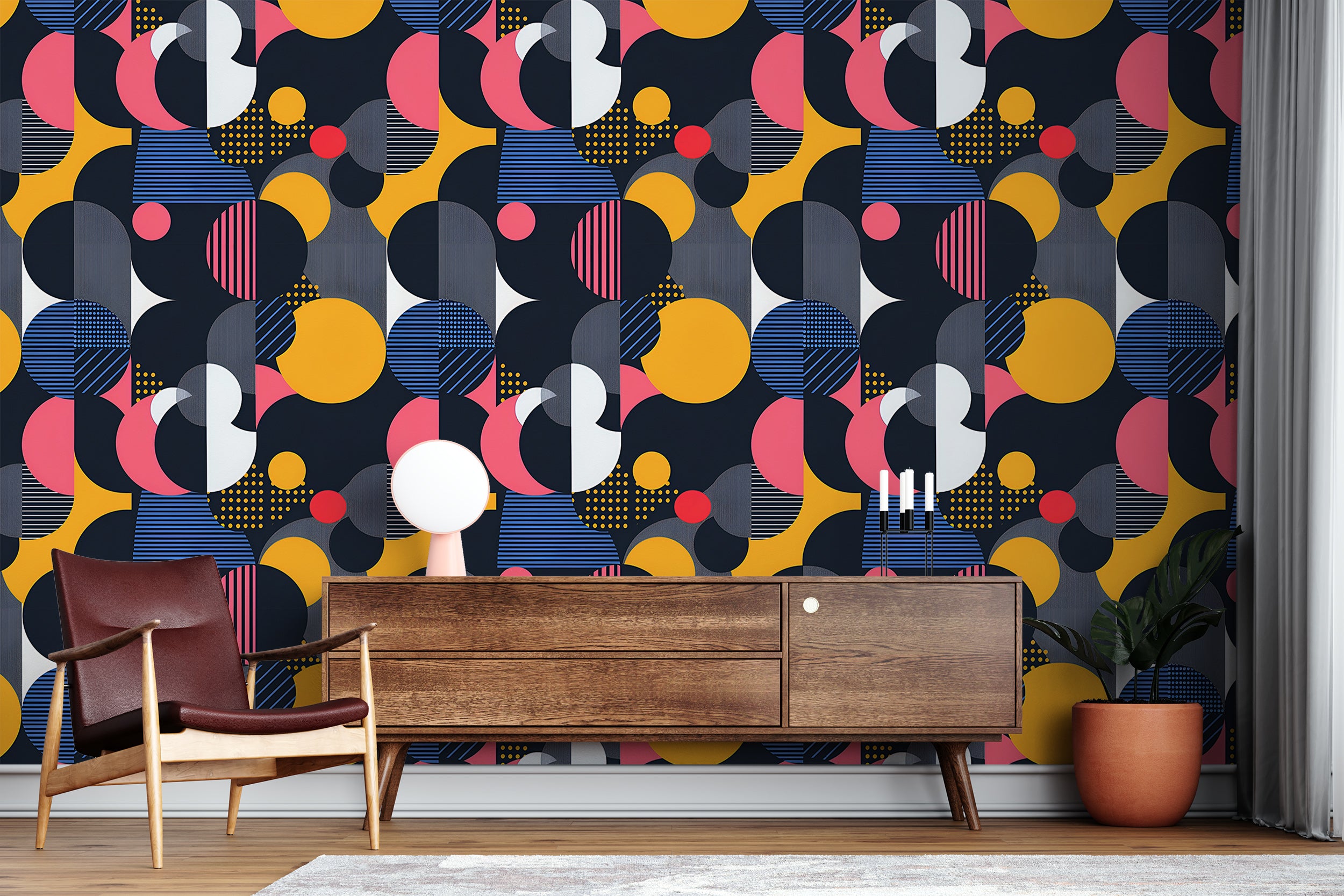Abstract Geometric Wallpaper, Colorful Abstract Shaped Wallpaper, Peel and Stick Removable Dark Circles Wall Decor