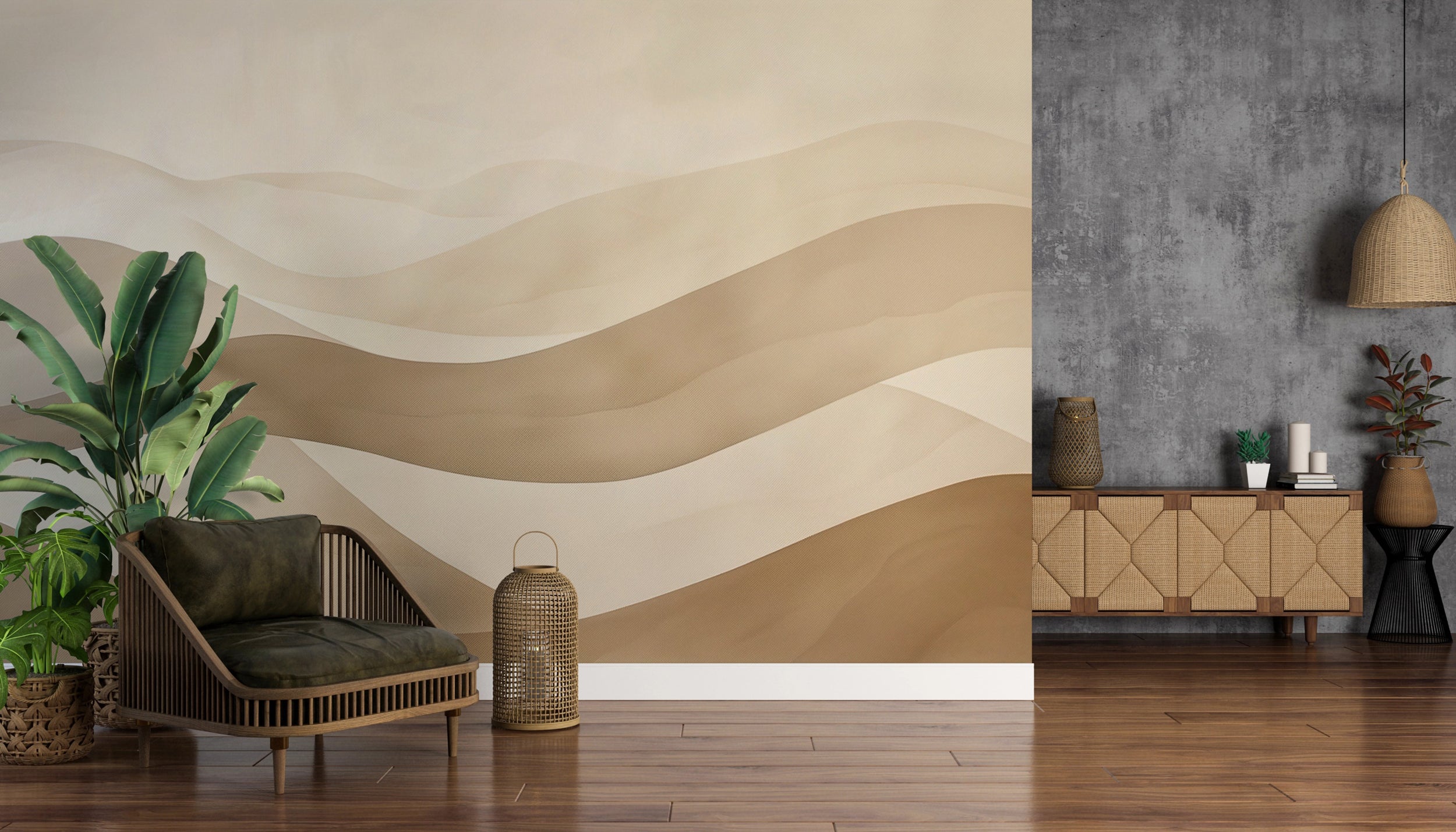 Beige Boho Wavy Wall Mural, Peel and Stick Minimalist Geometric Wallpaper, Line Wall Mural, Beige Abstract Sand Dunes Mural