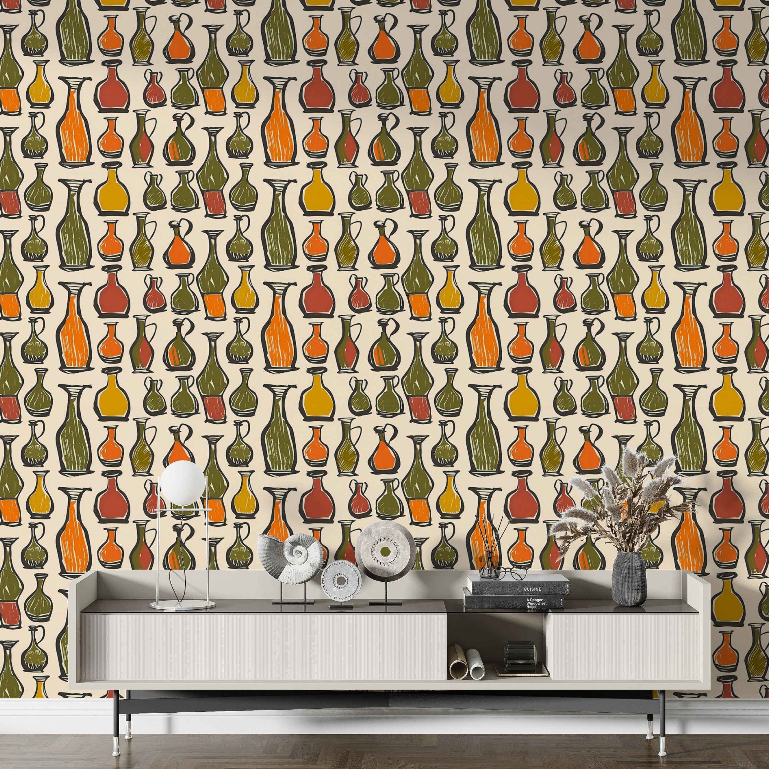 Colorful Vases and Bottles Wallpaper, Peel and Stick Abstract Accent Wallpaper, Green and Orange Modern Art