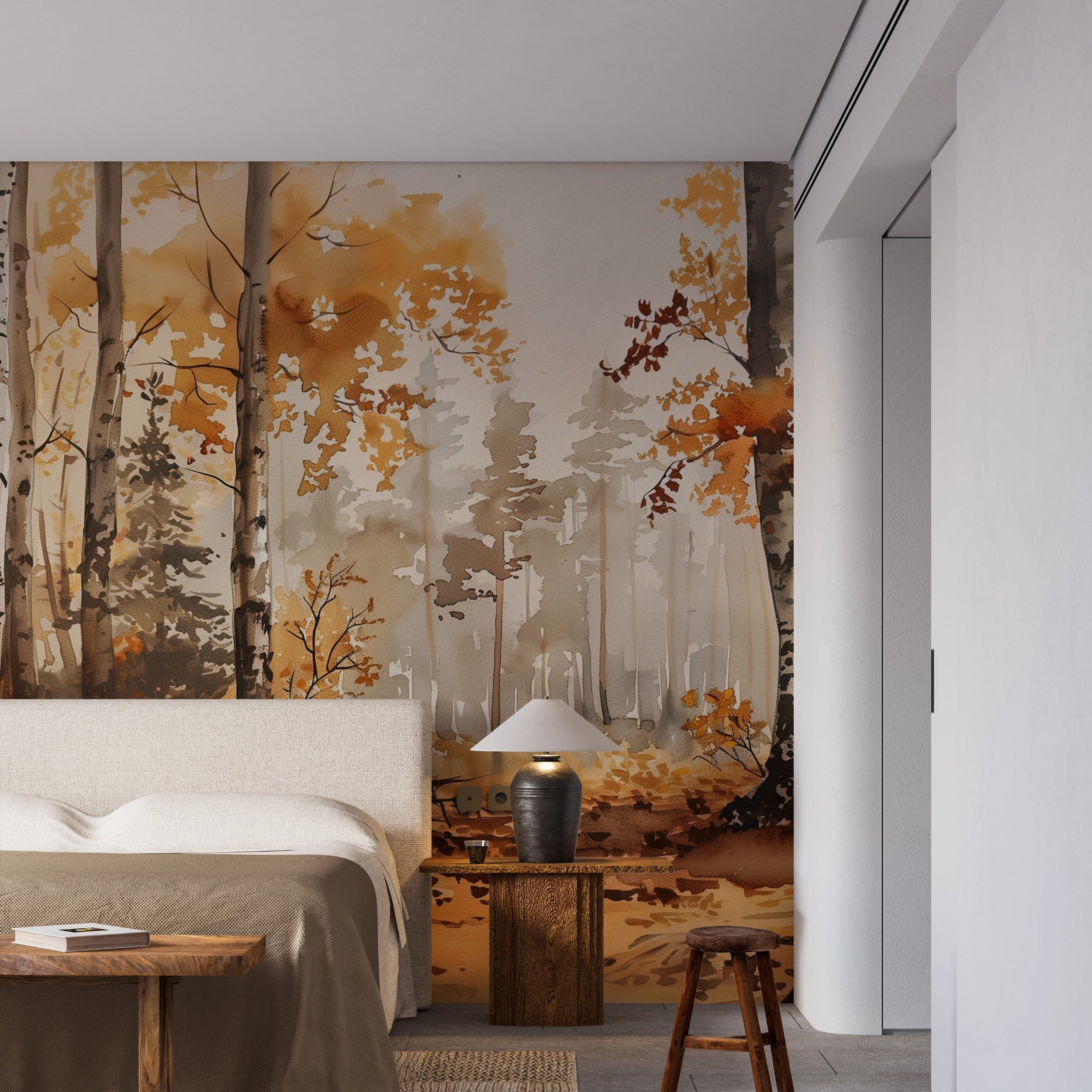 Birch Grove Wall Mural, Autumn Forest Wallpaper, Peel and Stick Orange Forest Art, Removable Colorful Nature Wall Decor