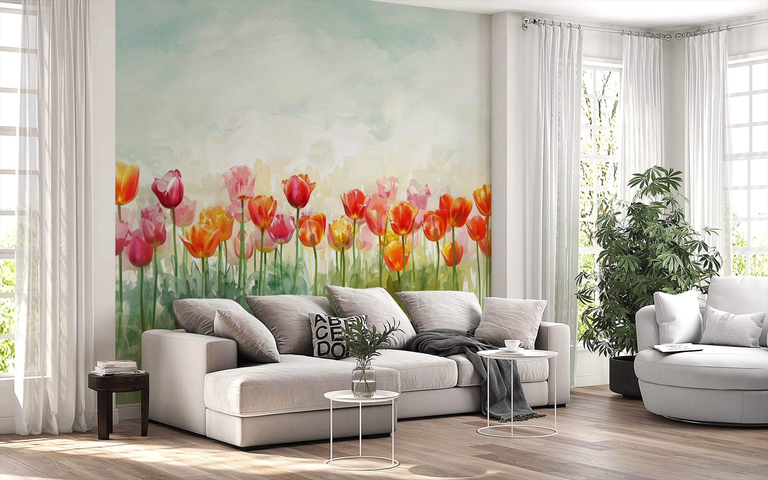 Watercolor Tulips Wall Mural, Peel and Sick Tulip Field Wallpaper, Colorful Floral Meadow Art, Large Flowers Wall Decor