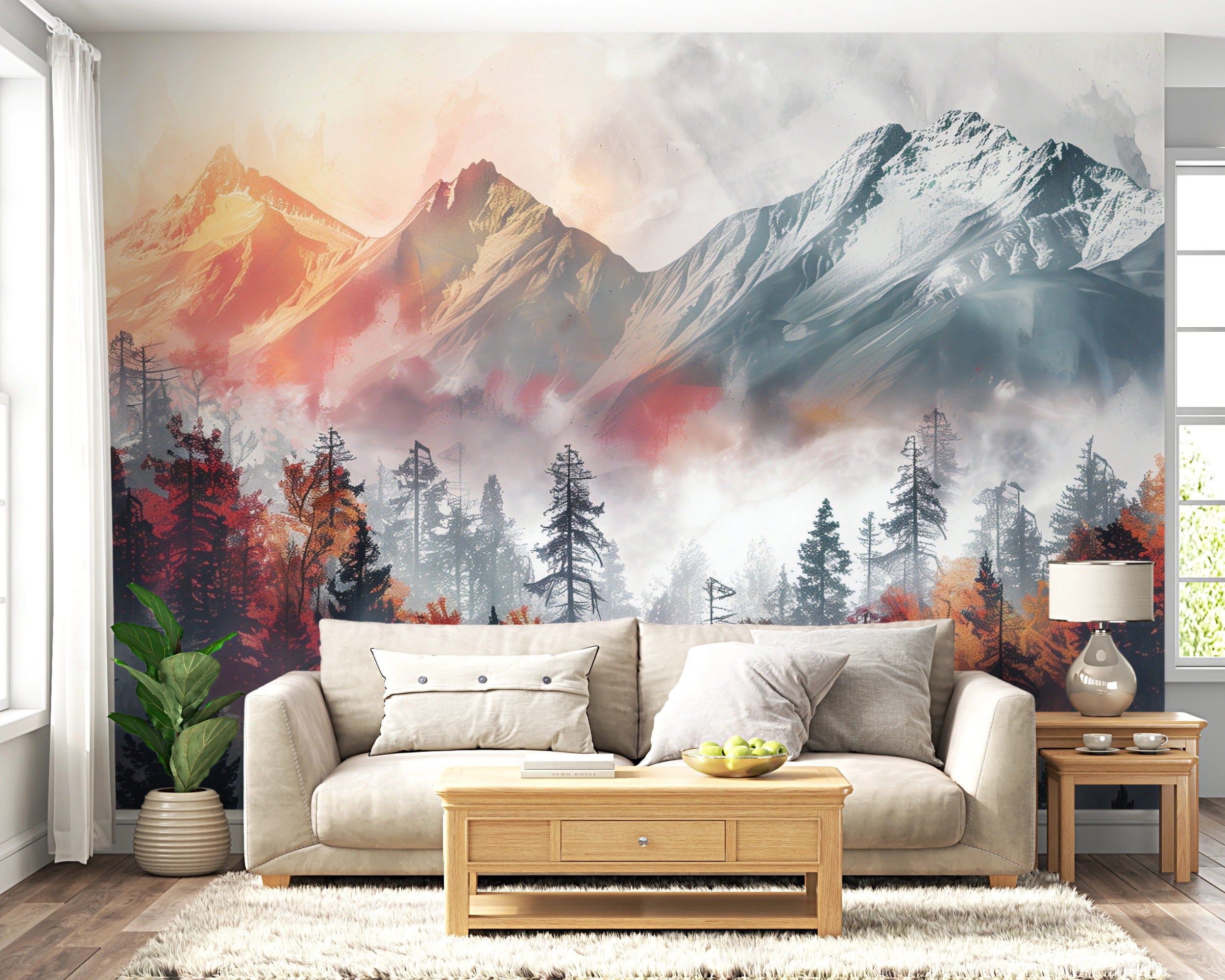 Grey and Orange Mountains and Pine Forest Wall Mural, Peel and Stick Foggy Landscape Mural, Removable Sunset Mountain Decor