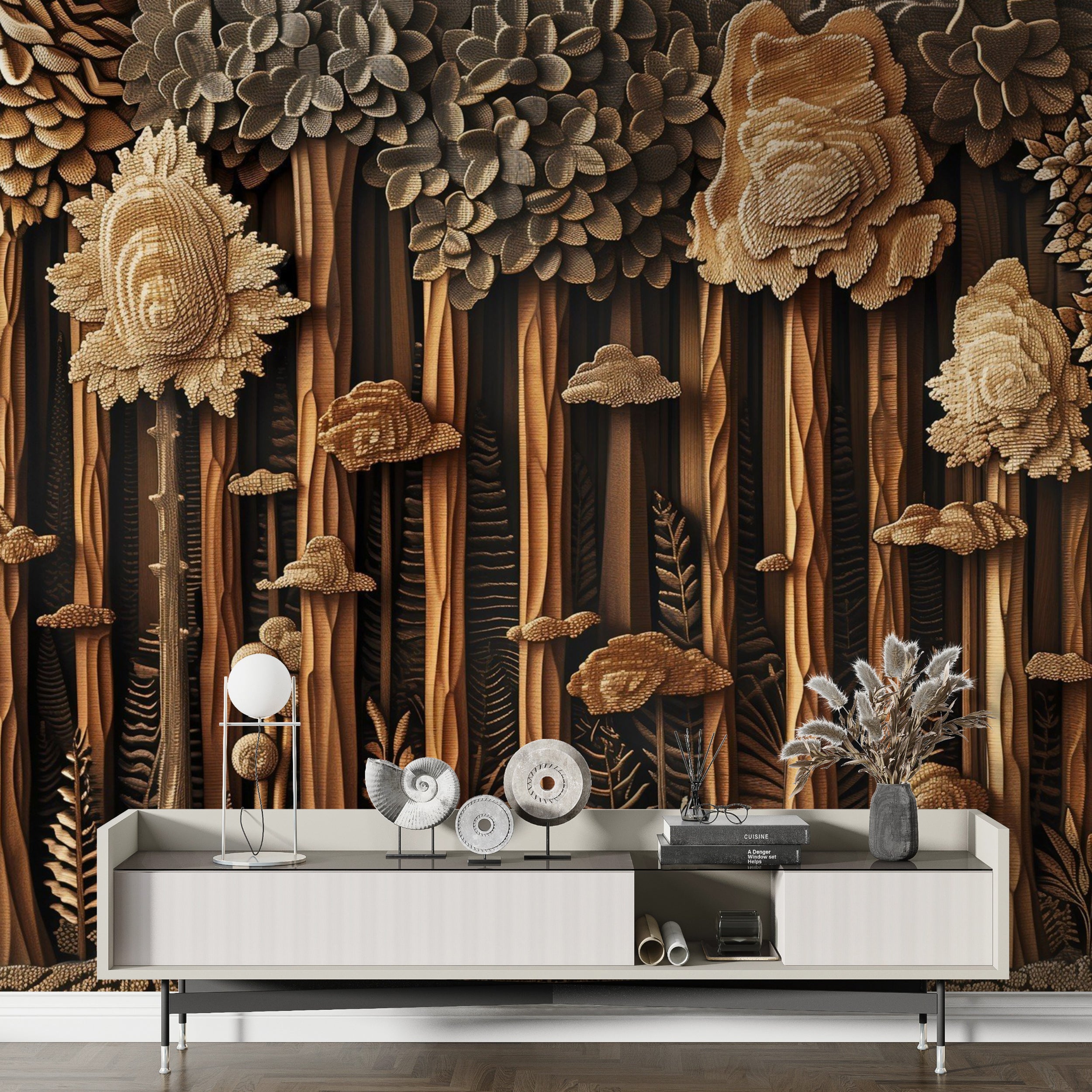 Wood Carving Style Forest Wall Mural, Peel and Stick Wooden Trees Wall Decor, Dark Brown Wooden Look Accent Wall Wallpaper