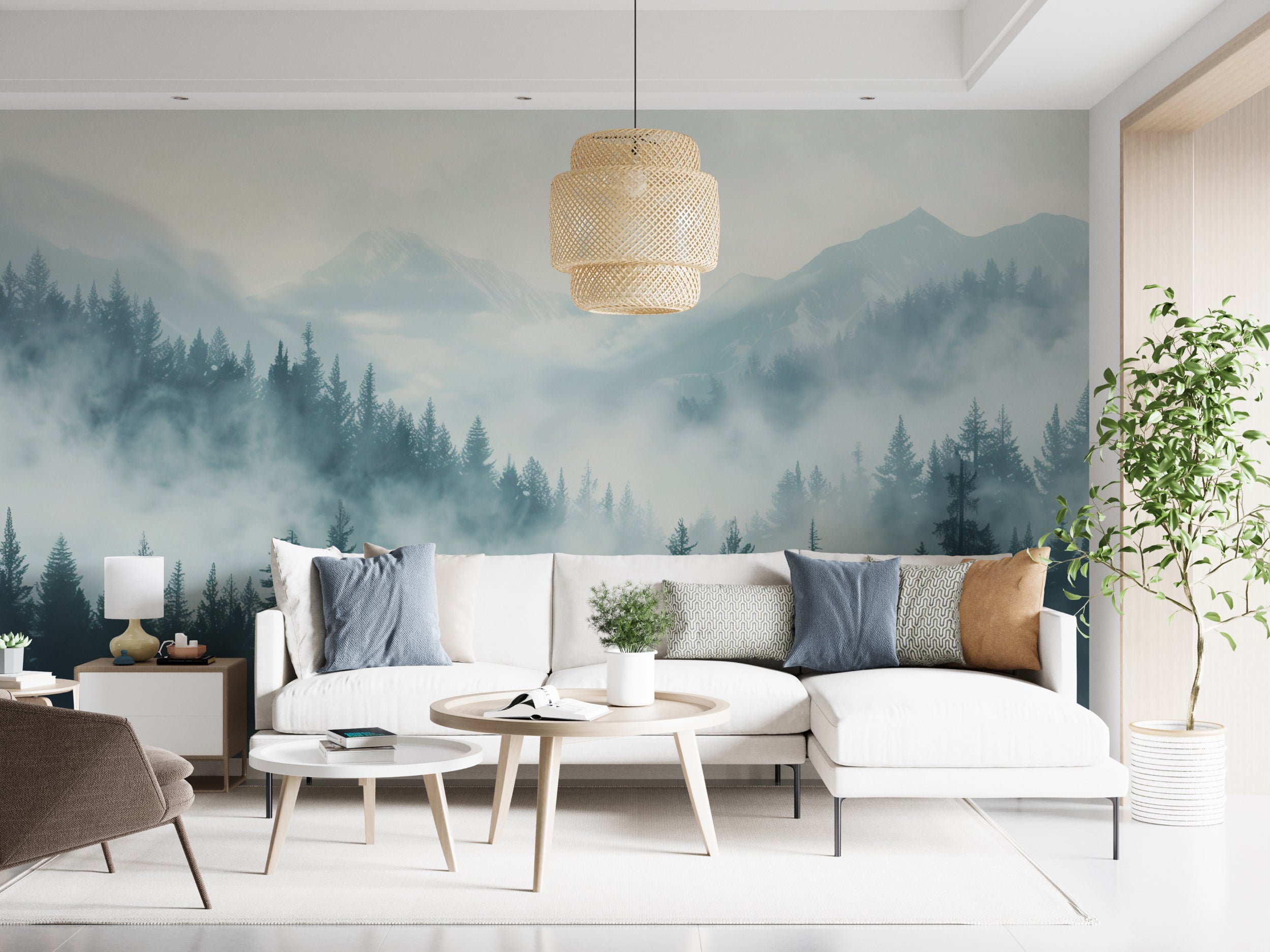 Watercolor Blue Forest and Mountains Mural, Peel and Stick Pine Forest Wallpaper, Soft Blue Nursery Removable Nature Wall Decor