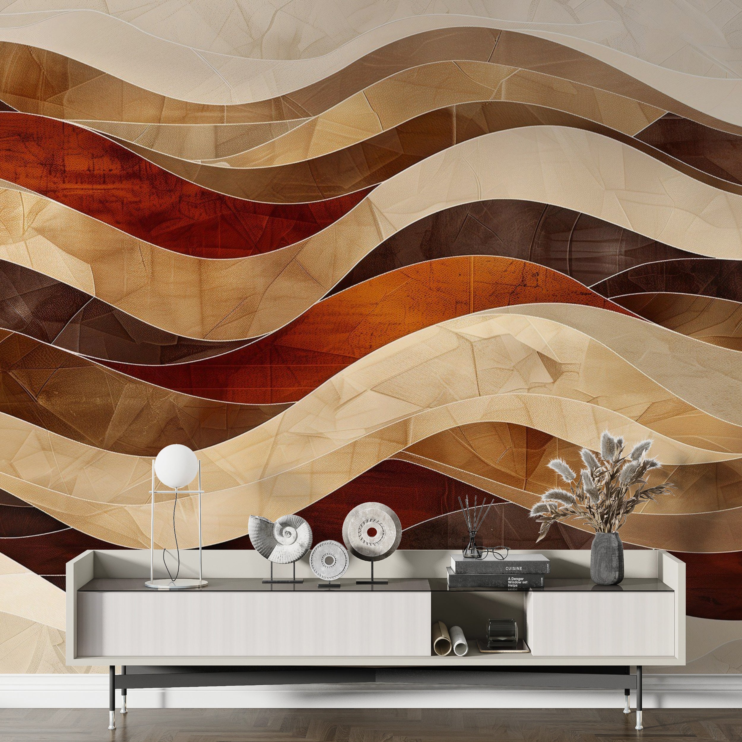 Brown and Beige Boho Wavy Mural, Peel and Stick Geometric Wallpaper, Removable Abstract Wavy Line Art, Modern Wall Decor