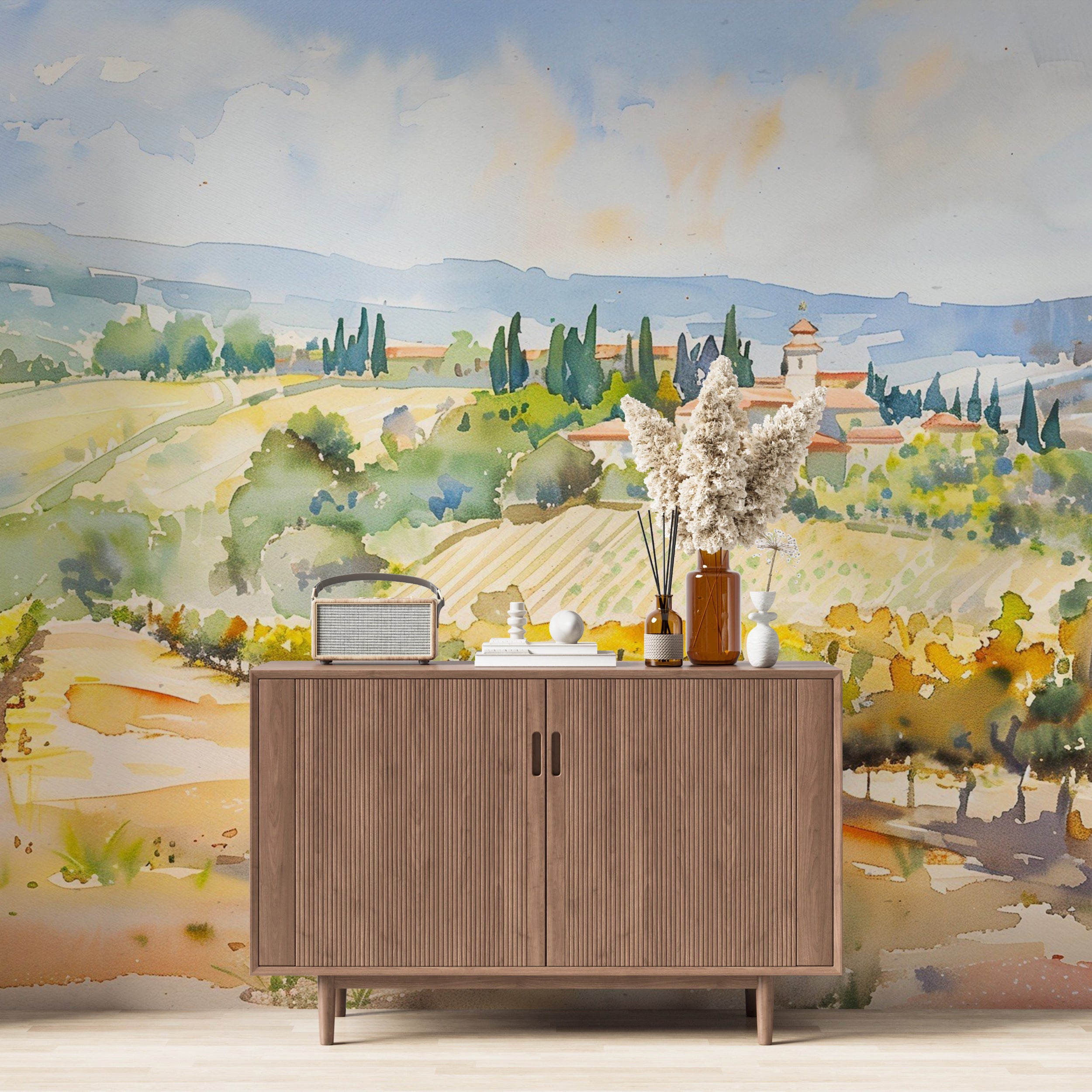 Watercolor Vineyard Wall Mural, Peel and Stick Italian Landscape Wallpaper, Field and House Scenic Removable Mural