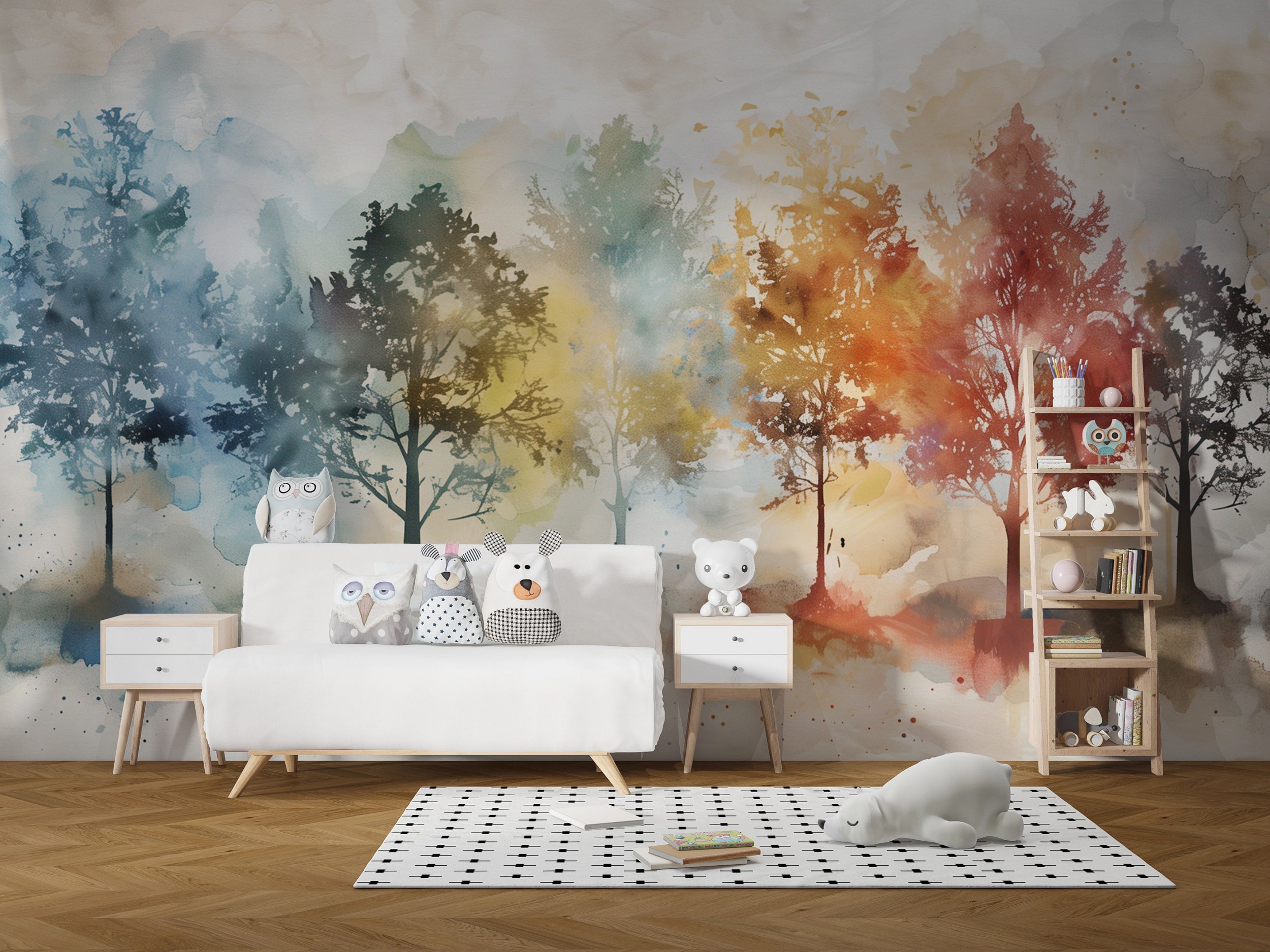 Colorful Trees Mural, Peel and Stick Autumn Forests Wallpaper, Watercolor Nursery Tree Removable Wall Decor