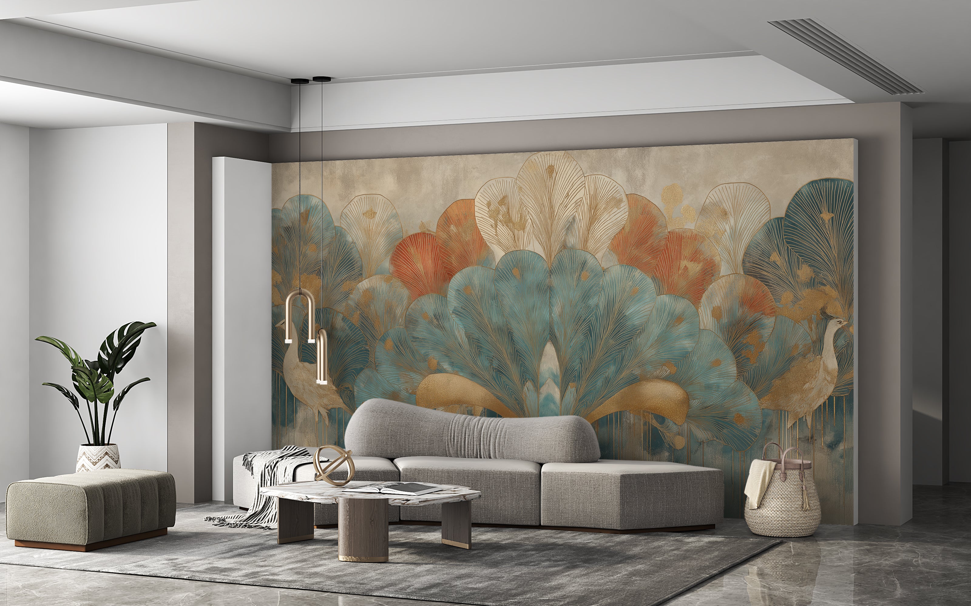 Luxury Art Deco peacock wallpaper mural for glamorous homes