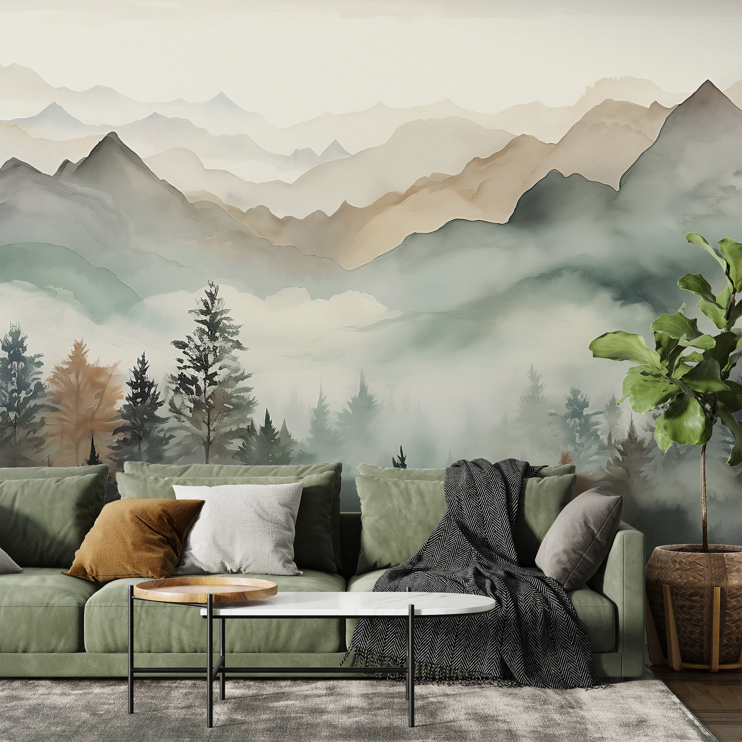 Watercolor Pine Tree Mural Detail in Room Setting