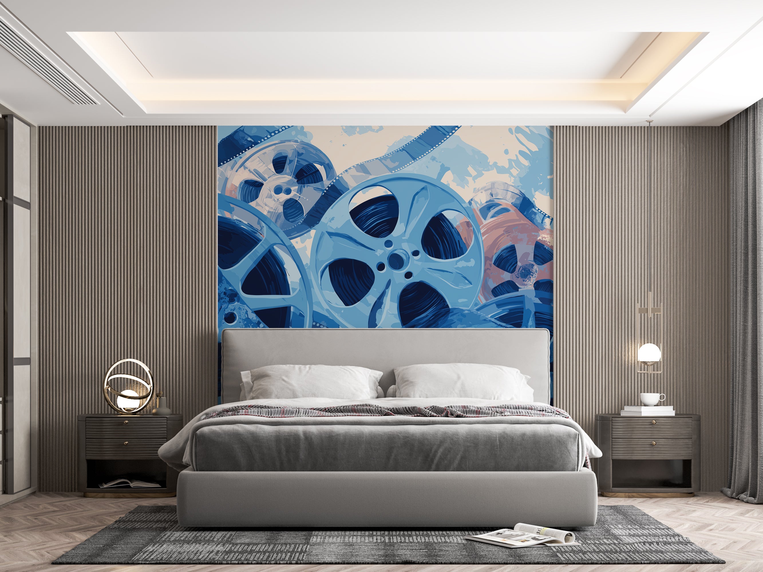 Modern blue film reel mural for living room feature wall