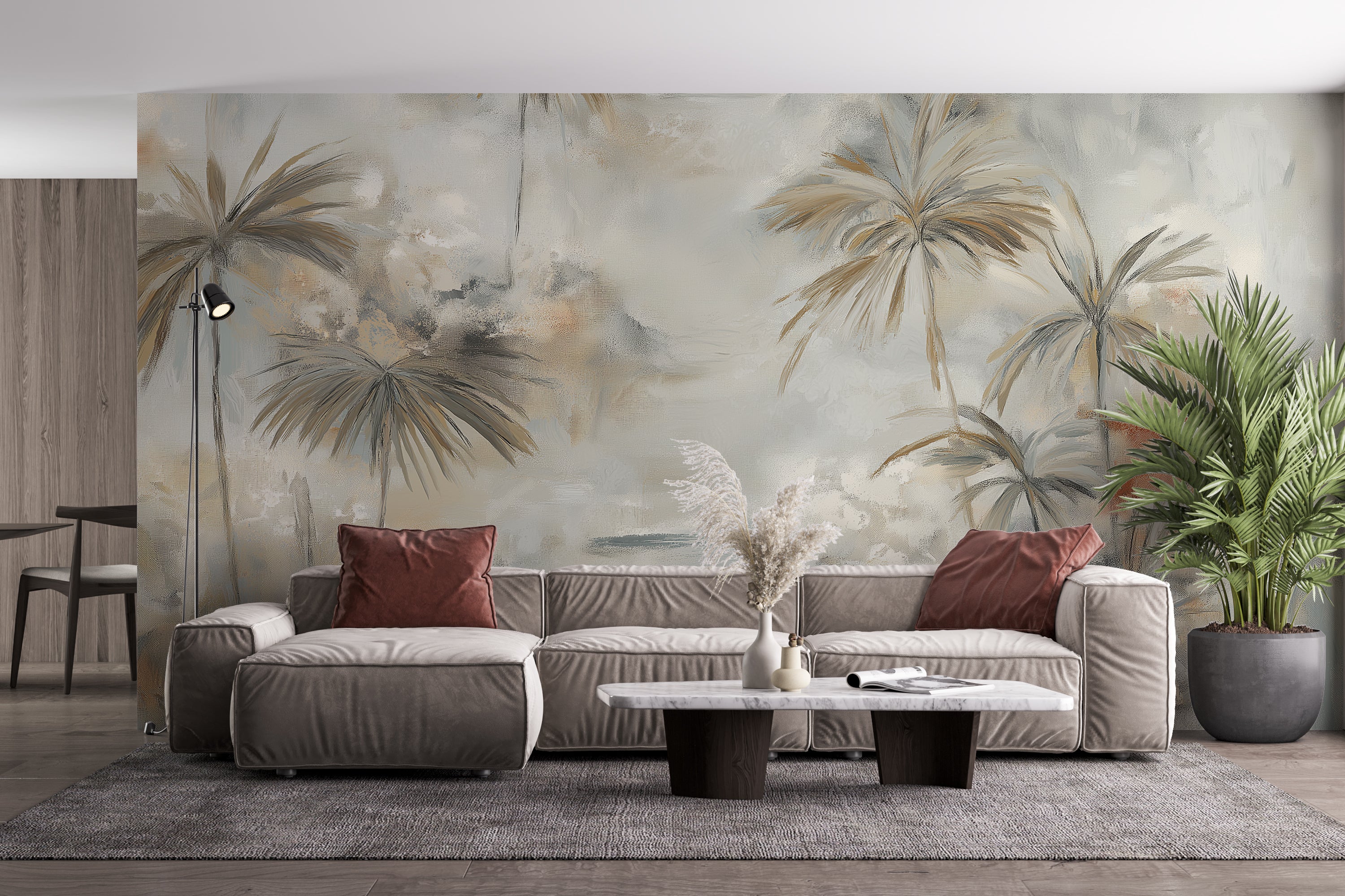 Contemporary tropical palm wallpaper in beige tones