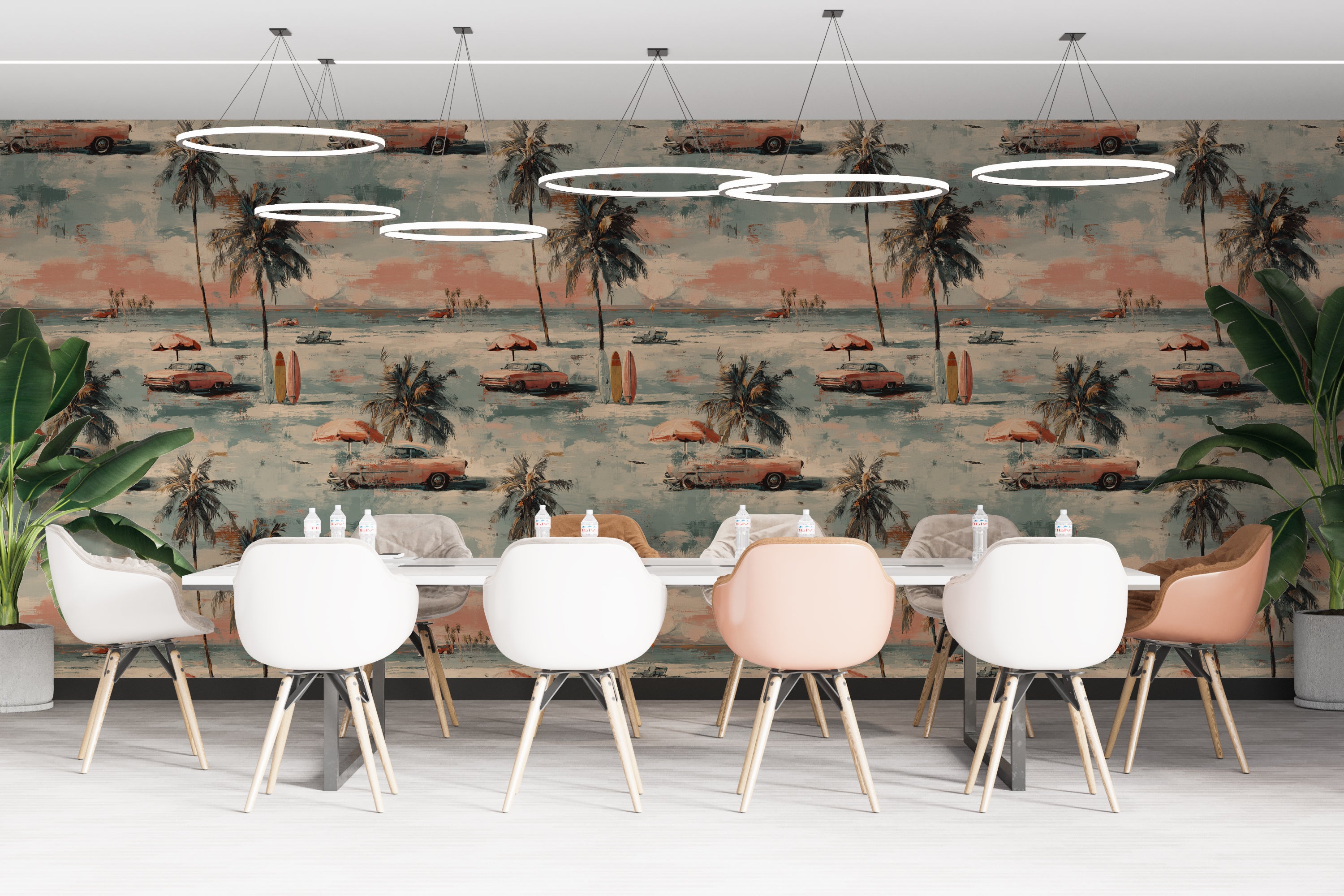 florida coastal wall mural with vintage cars and palm trees
