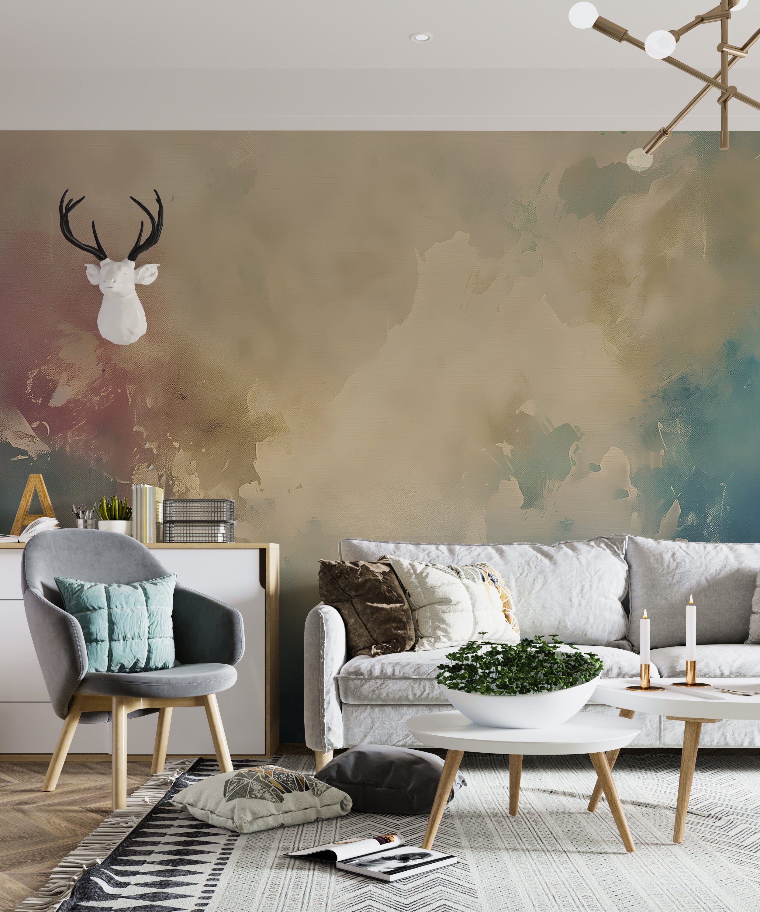 Abstract Art Wall Mural, Peel and Stick Plaster Design Wallpaper, Beige and Blue Abstract Accent Wall Decor, Watercolor Removable Art