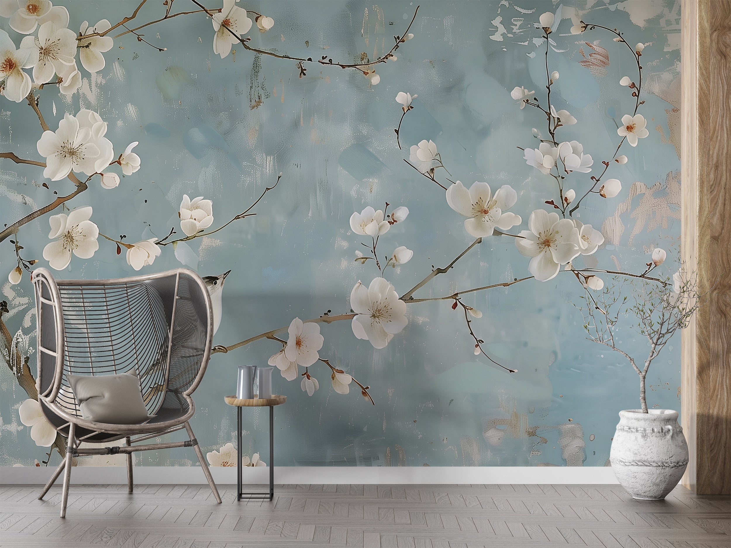 Soft Blue Chinoiserie Mural, Delicate Botanical Wallpaper, Peel and Stick Floral Wall Decor, Flowers and Birds Japanese Wall Art