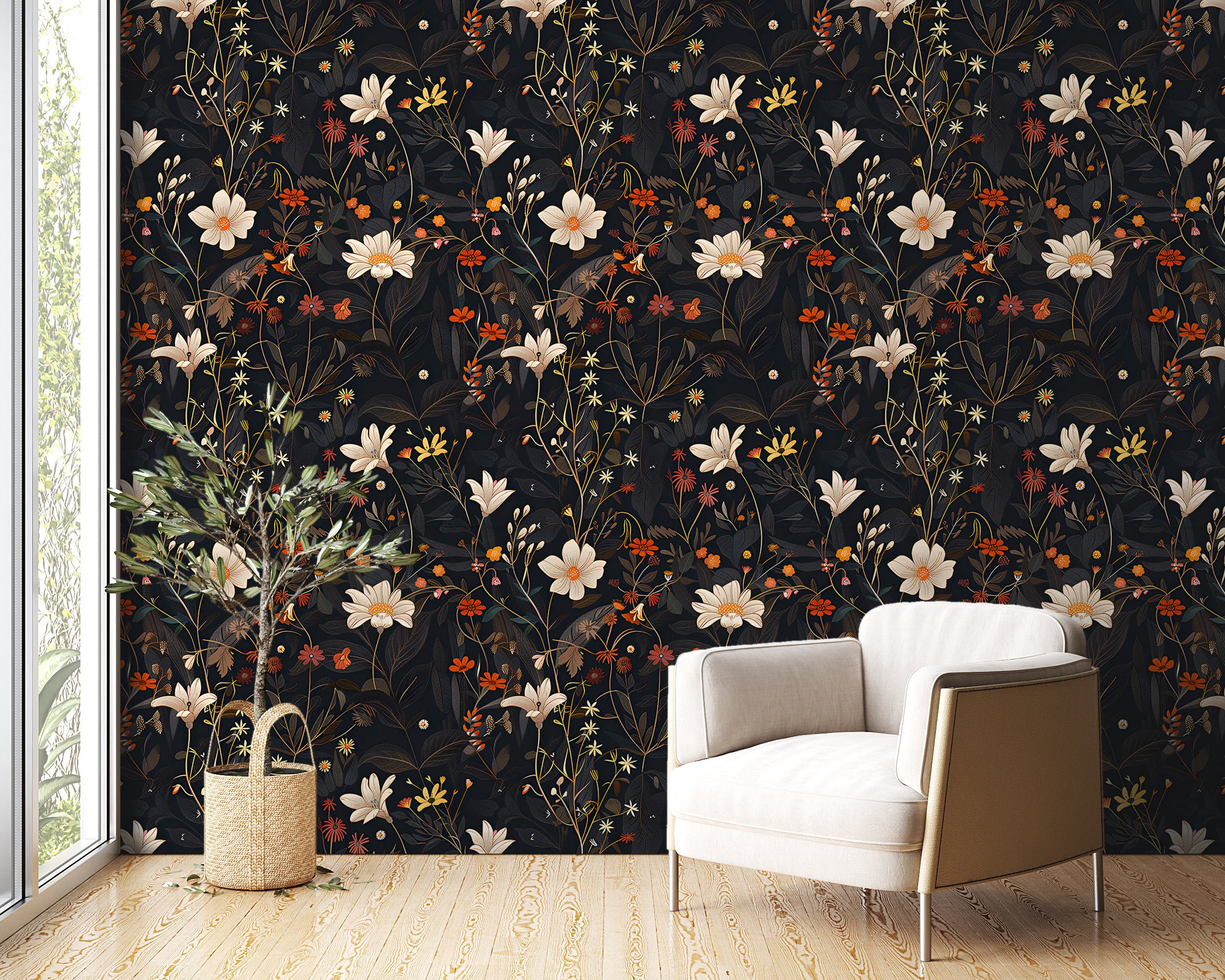 Wild Flowers Dark Wallpaper, Meadow Flower Peel and Stick Wall Decal, Black and Red Botanical Wallpaper, Dark Field Floral Decor