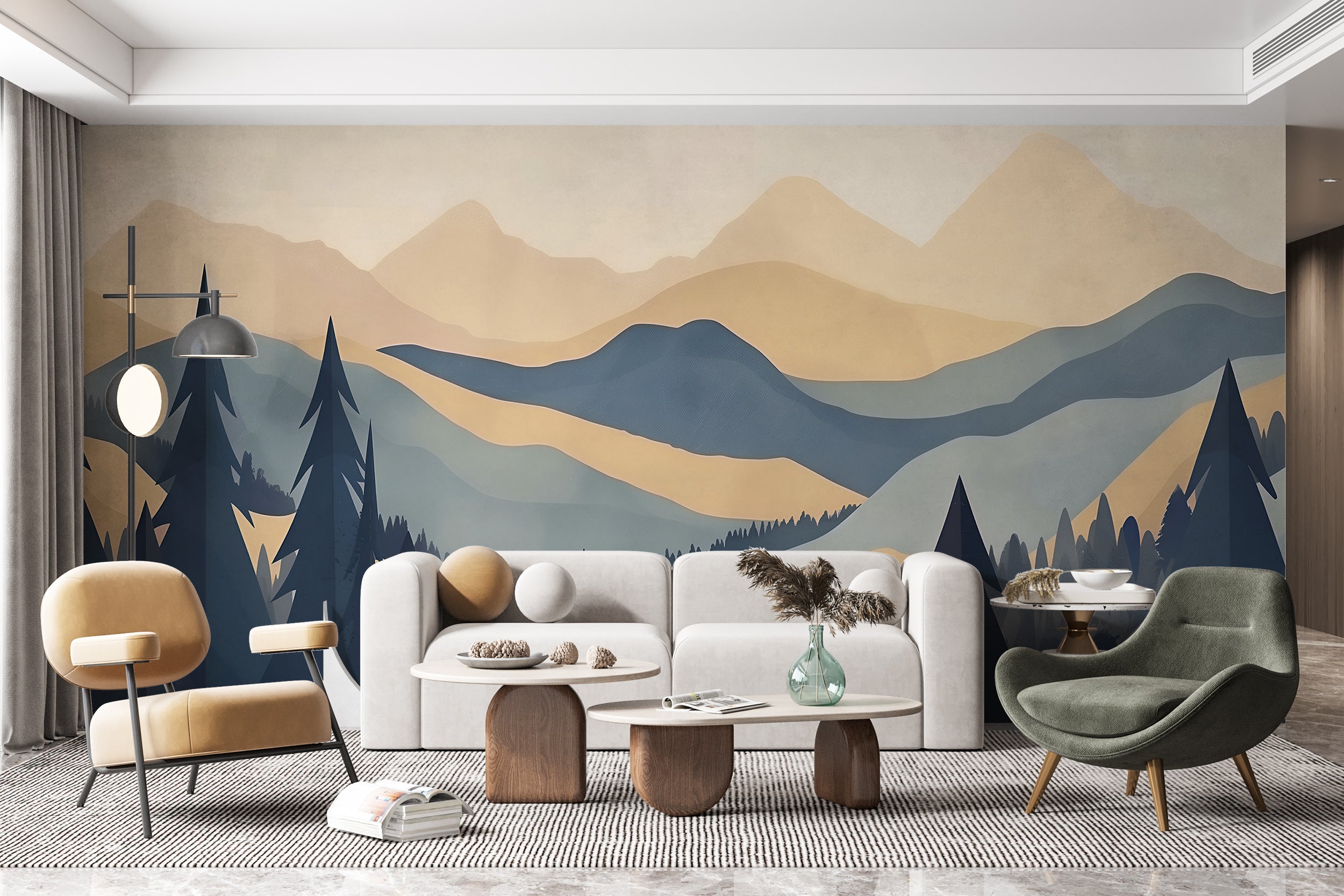 Boho Mountains and Forest Mural, Peel and Stick Landscape Mural, Beige and Blue Nature Wallpaper, Soft Watercolor Mountains Decor