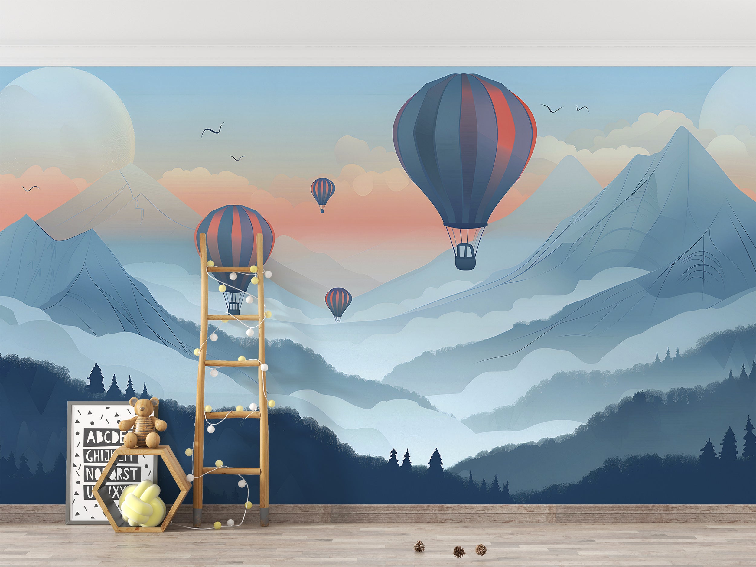 Watercolor Blue Mountains Mural, Hot Air Balloons Mural, Peel and Stick Nursery Landscape Wallpaper, Hot Air Balloons Kids Room Decor