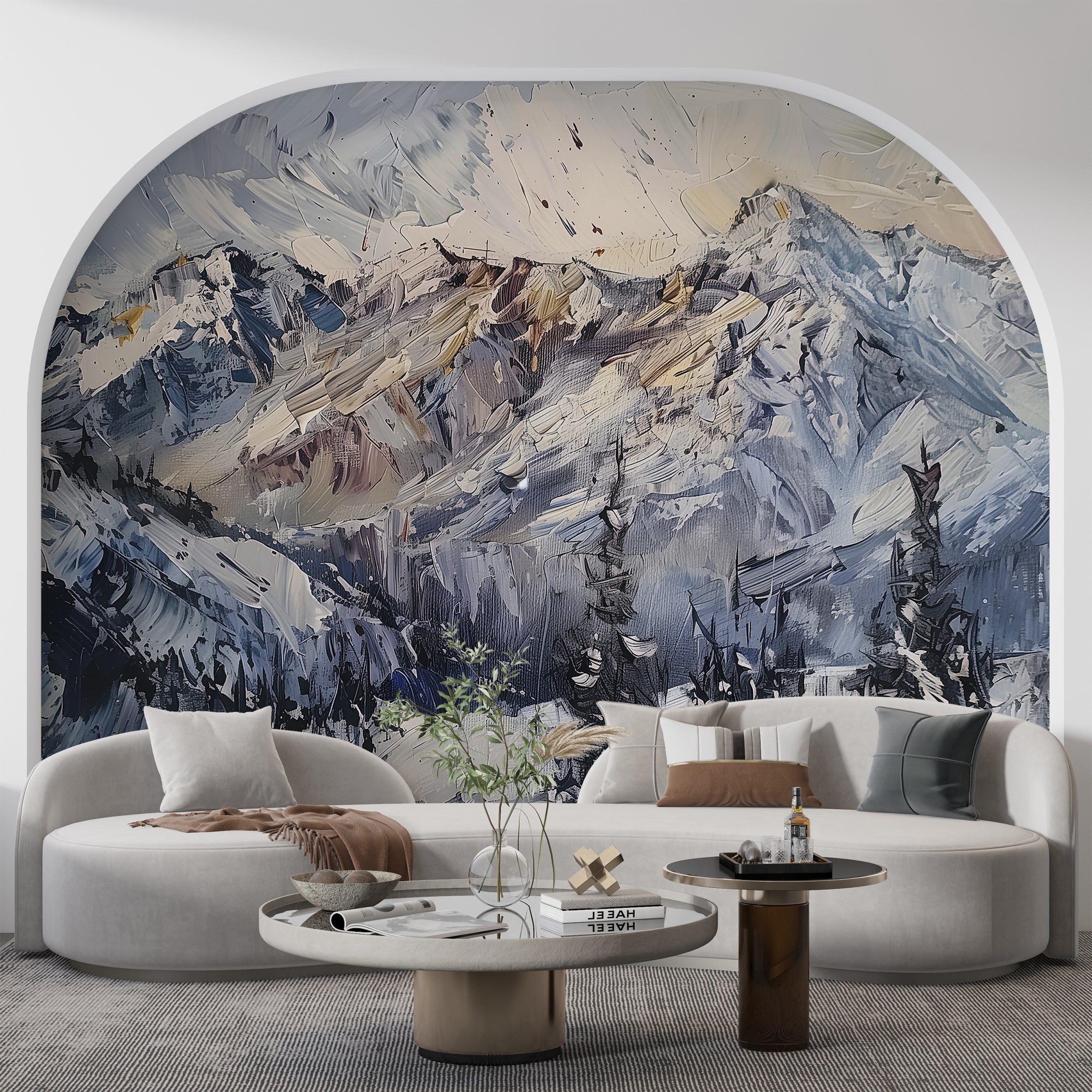Abstract Oil Painting of Snowy Mountains Mural, Peel and Stick Mountains, Snowy Landscape Wallpaper, Blue and White Mountain Mural