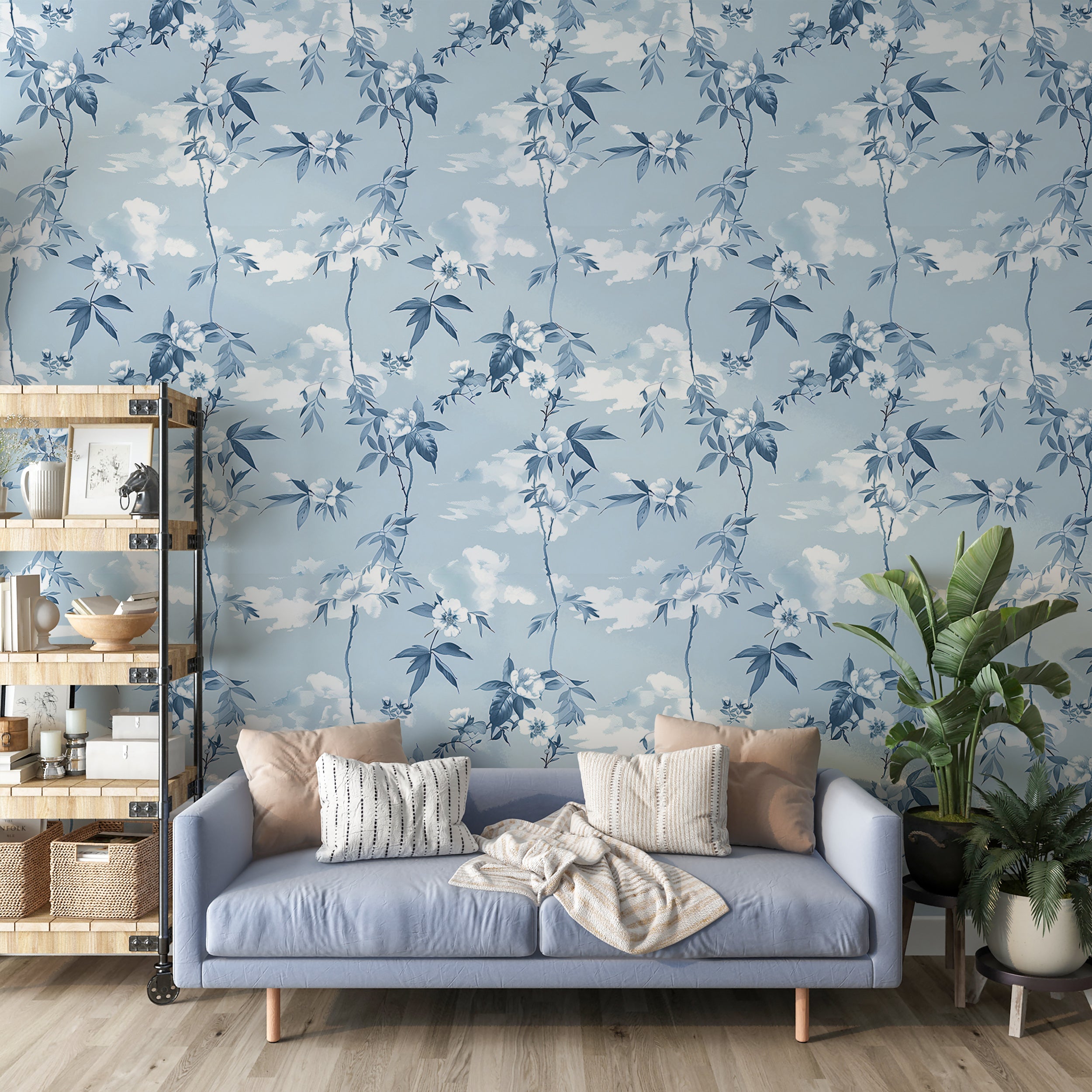 Sky Blue Floral Wallpaper, Light Botanical Peel and Stick Decor, Blue Vines and Leaves Wallpaper, Clouds Wall Decal, Flower Wallpaper