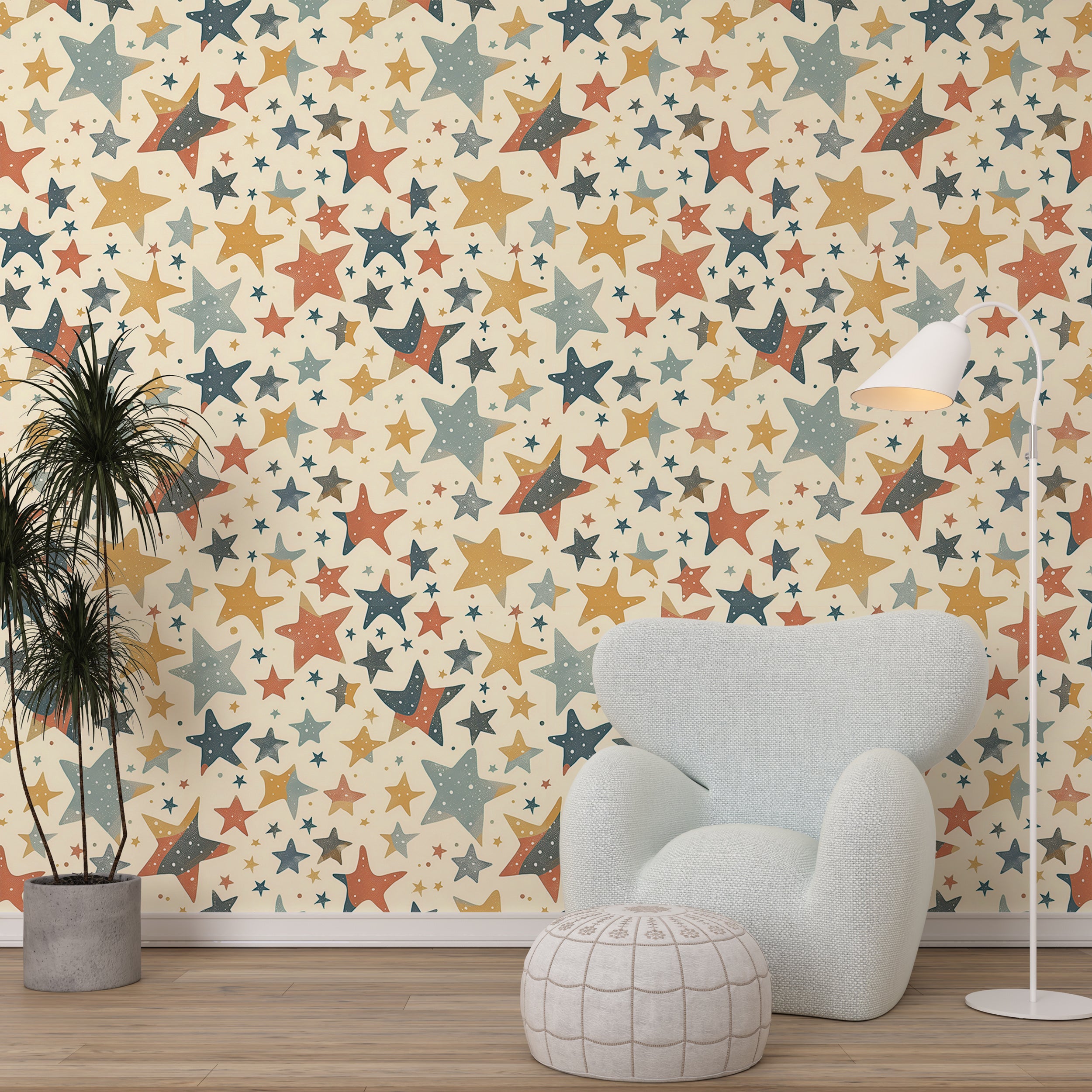 Small and Large Stars Wallpaper, Multicolor Kids Room Stars Wall Decor, Self-adhesive Starry Wallpaper, Beige Nursery Star Pattern Decal