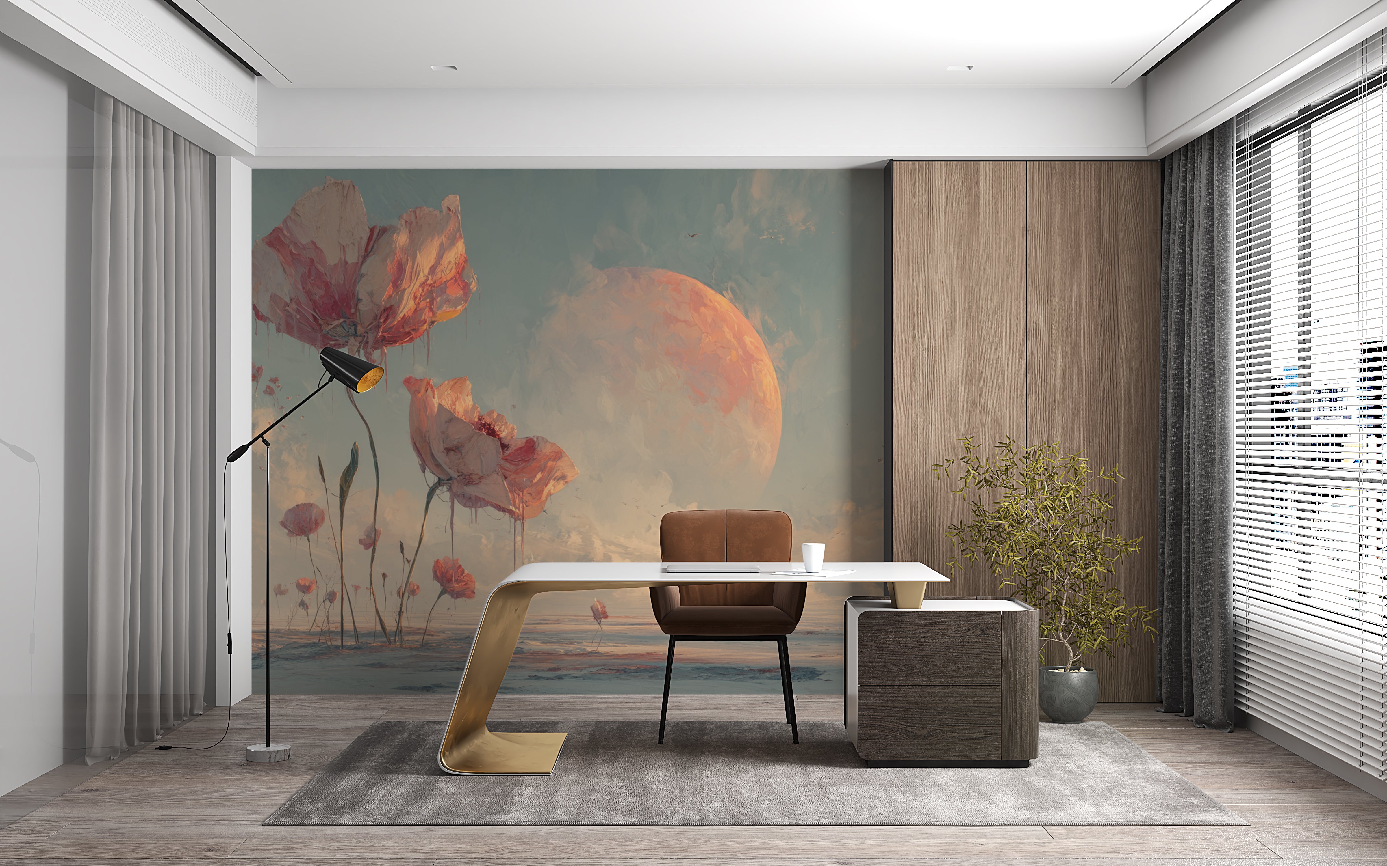 Surreal Floral Wallpaper Mural – Giant Pink Flowers in Dream Desert Landscape with Moon, Fantasy Wall Art for Bedroom or Creative Space