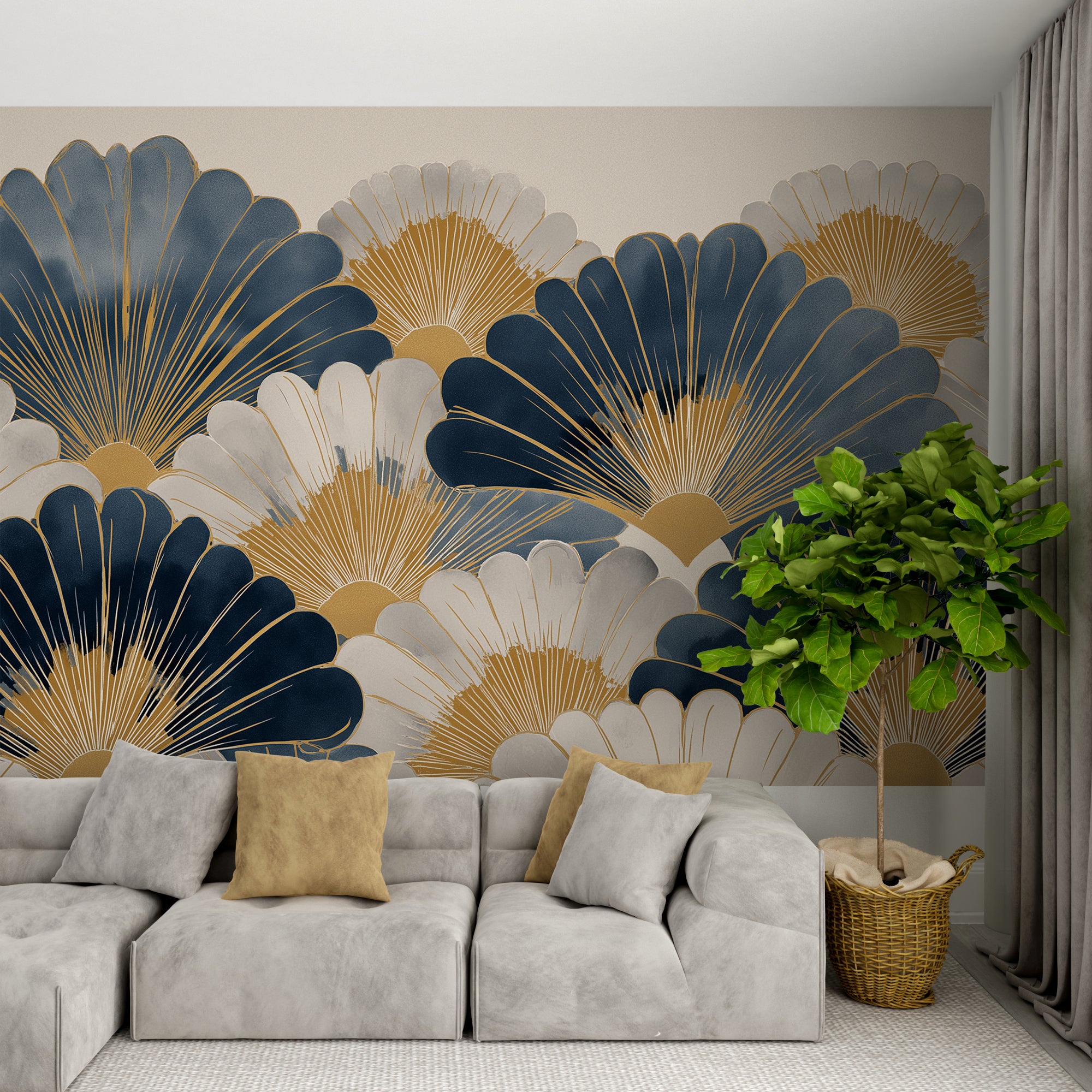 stylized fan wall pattern
metallic gold deco wallpaper