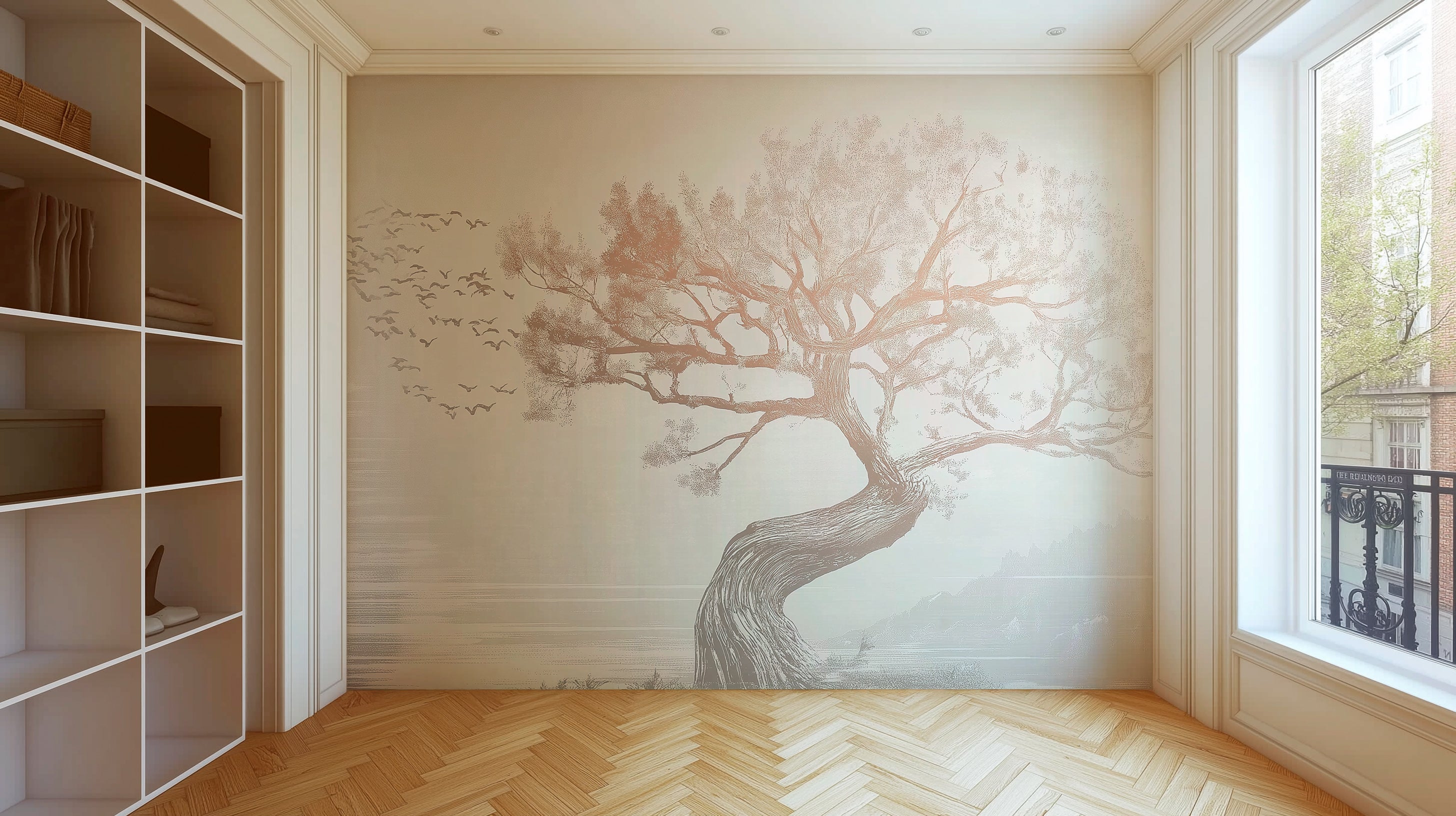 Minimalist mural with landscape with twisted tree and flying birds in soft monochrome tones, serene nature-inspired artwork with Asian aesthetic for decor.