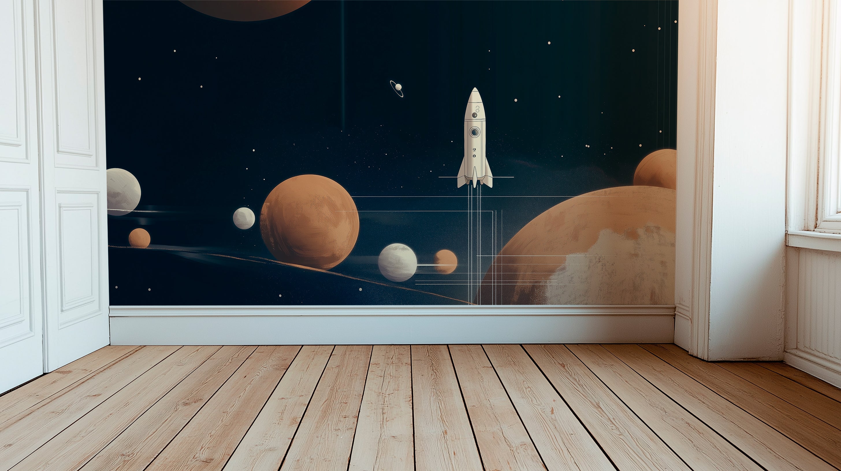 Space Adventure Wallpaper - Rocket Launch Among Planets