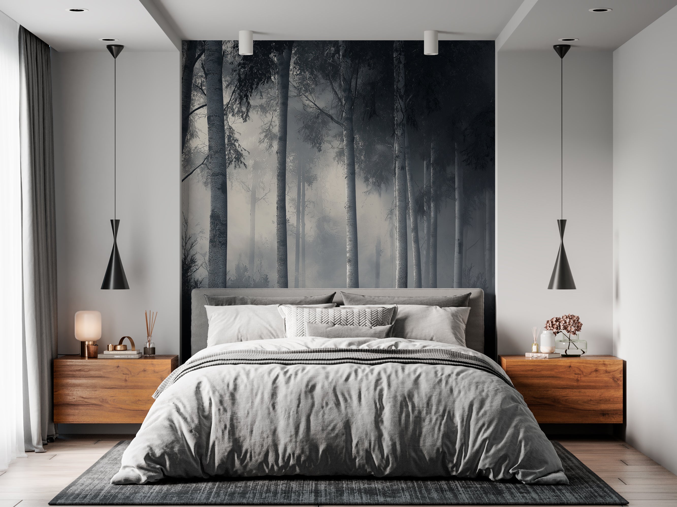 Forest Misty Trees Wallpaper – Nature Wall Decor, Woodland Scene, Black & White Aesthetic
