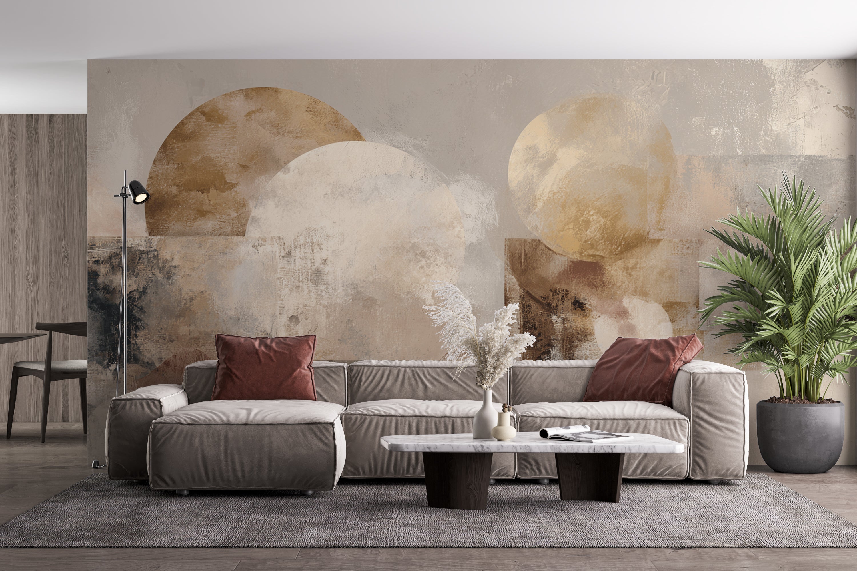 Neutral geometric mural with textured abstract forms in beige and gold