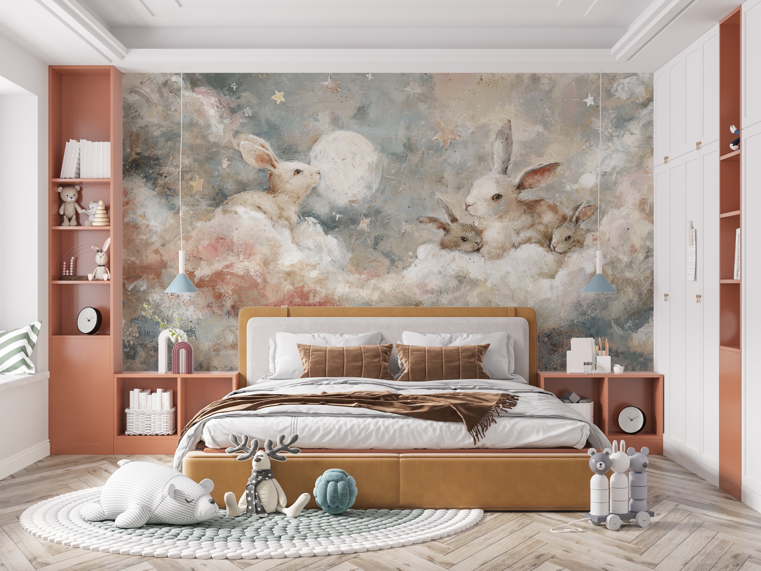 Pastel Bunny Mural for Nursery Kids Room Wall Art with Moon Stars and Clouds in Soft Colors
