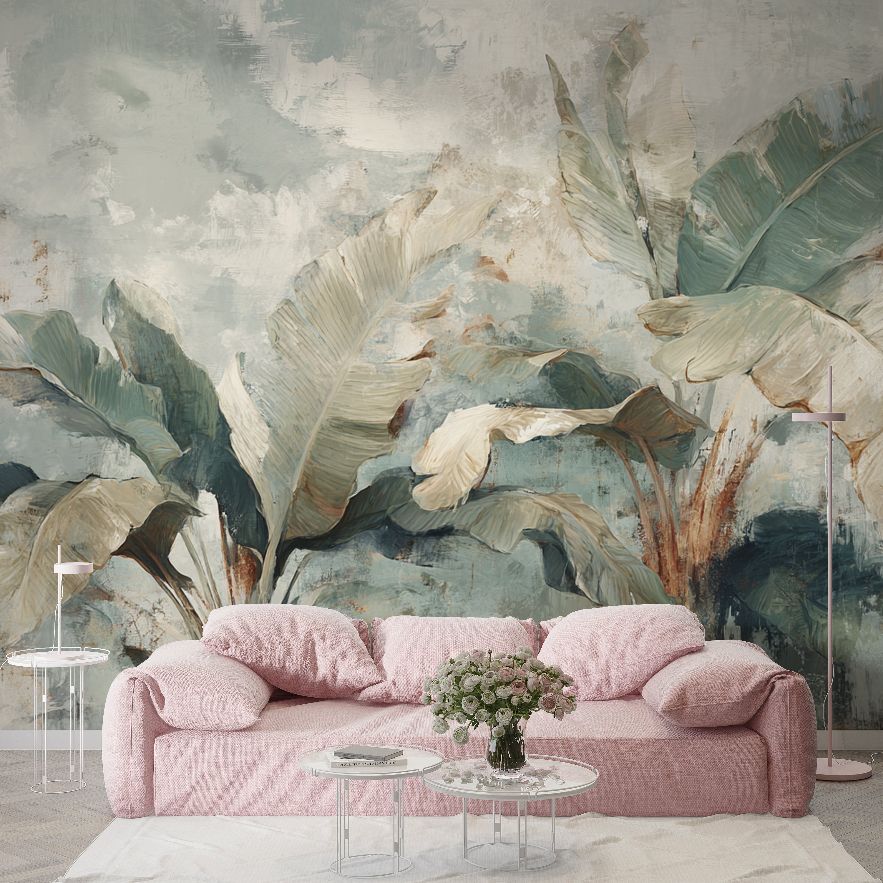 Botanical Wall Mural with Tropical Banana Leaves in Muted Green and Cream for Jungle Inspired Decor