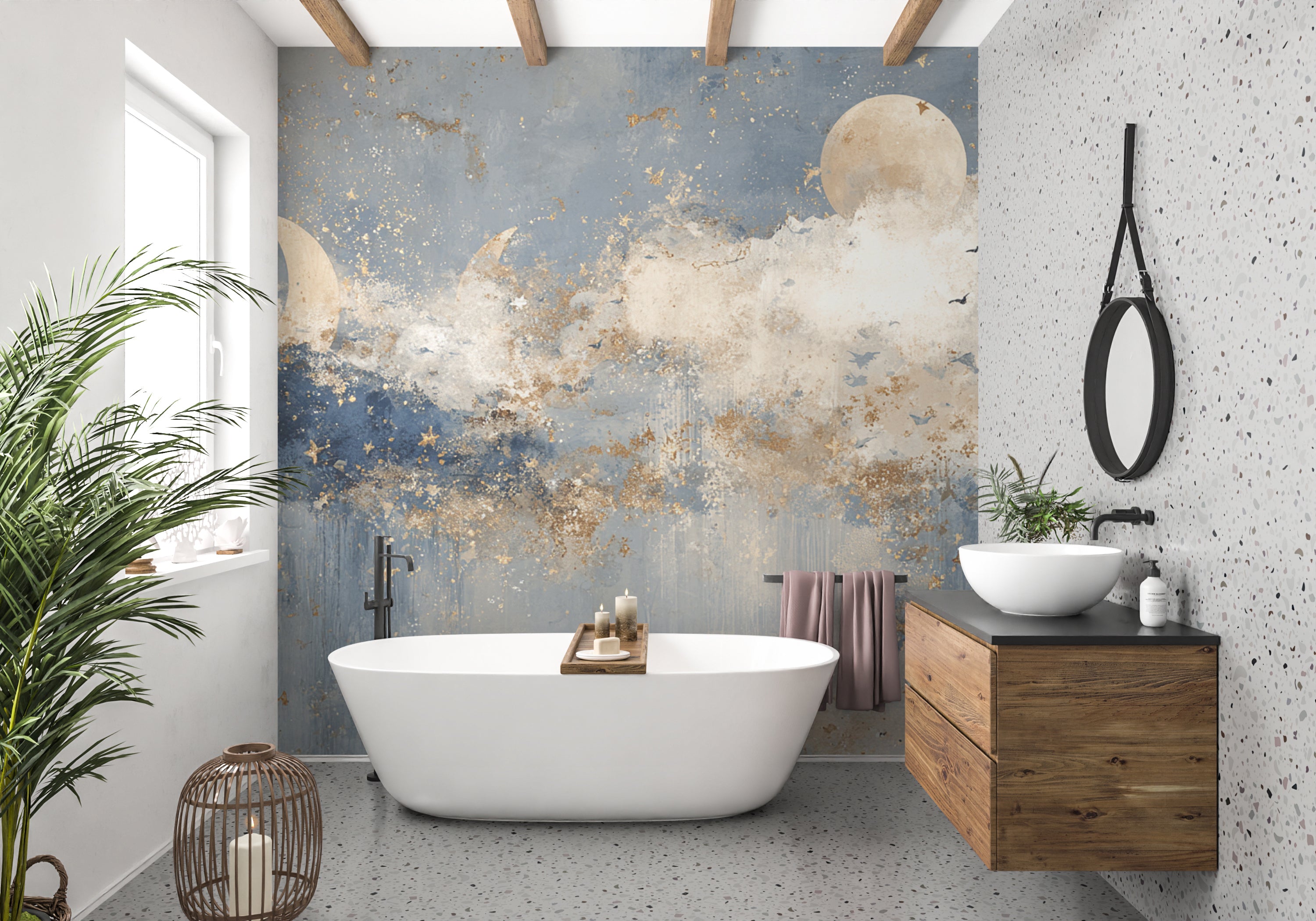 Celestial Wall Mural with Moon Phases Stars and Clouds in Navy Blue and Gold for Nursery or Dreamy Room Decor