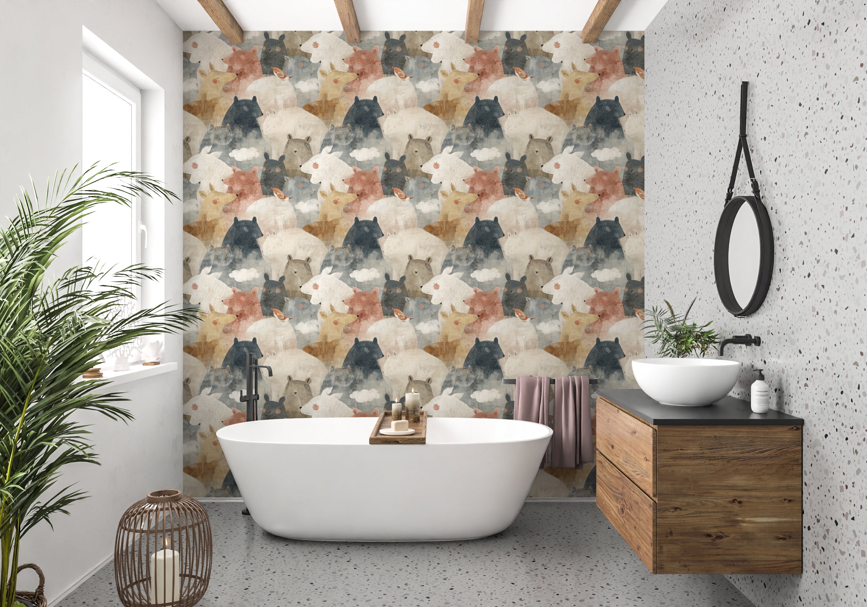 Animal forest mural in muted beige and terracotta colors