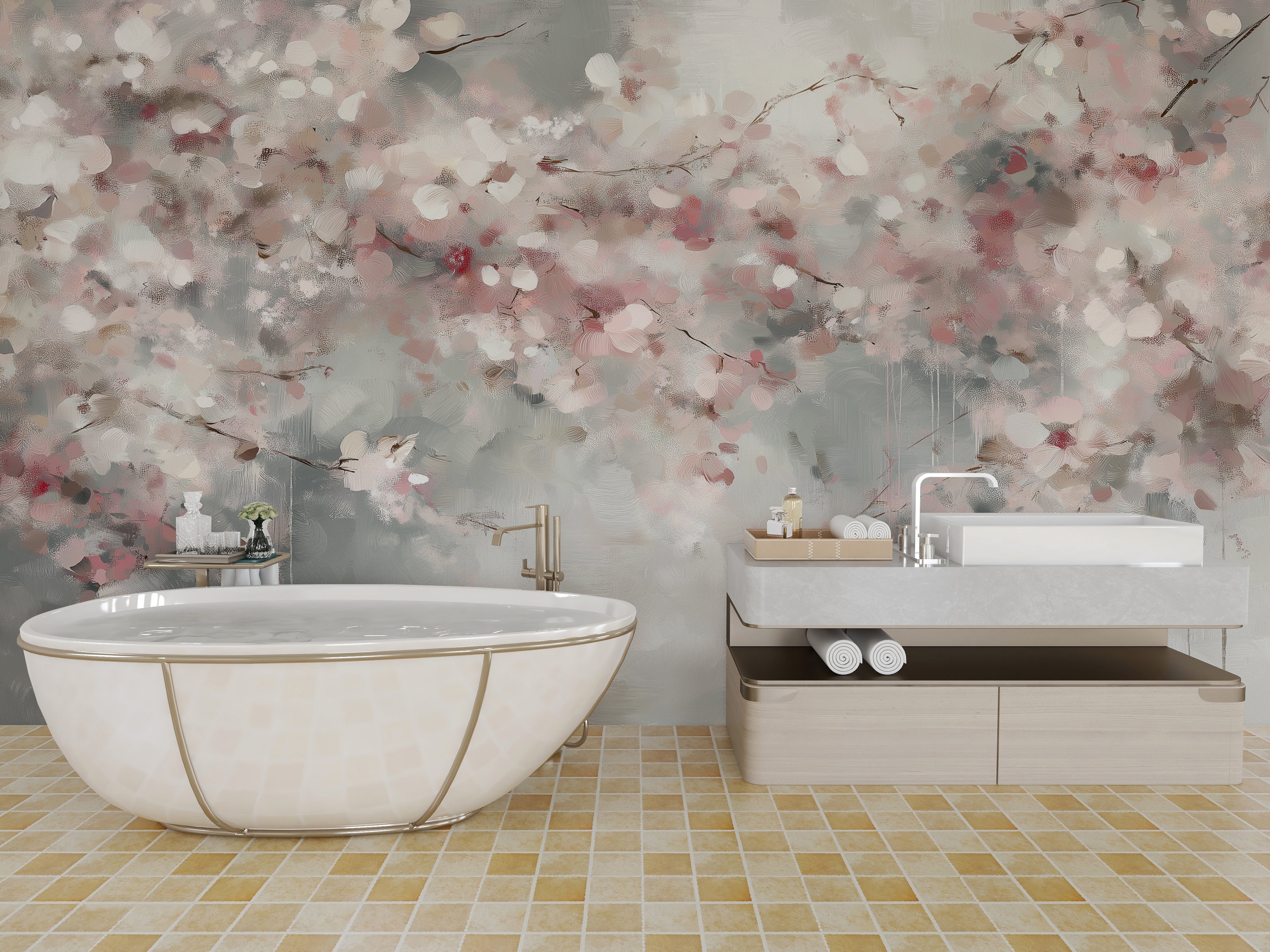 Elegant pastel blossom mural with gray background and pink petals