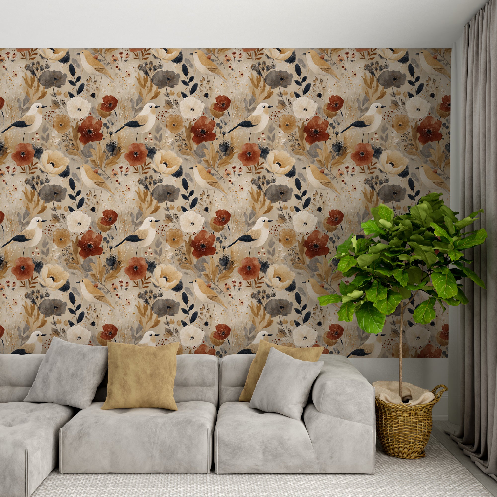 Beige botanical wallpaper with terracotta blossoms