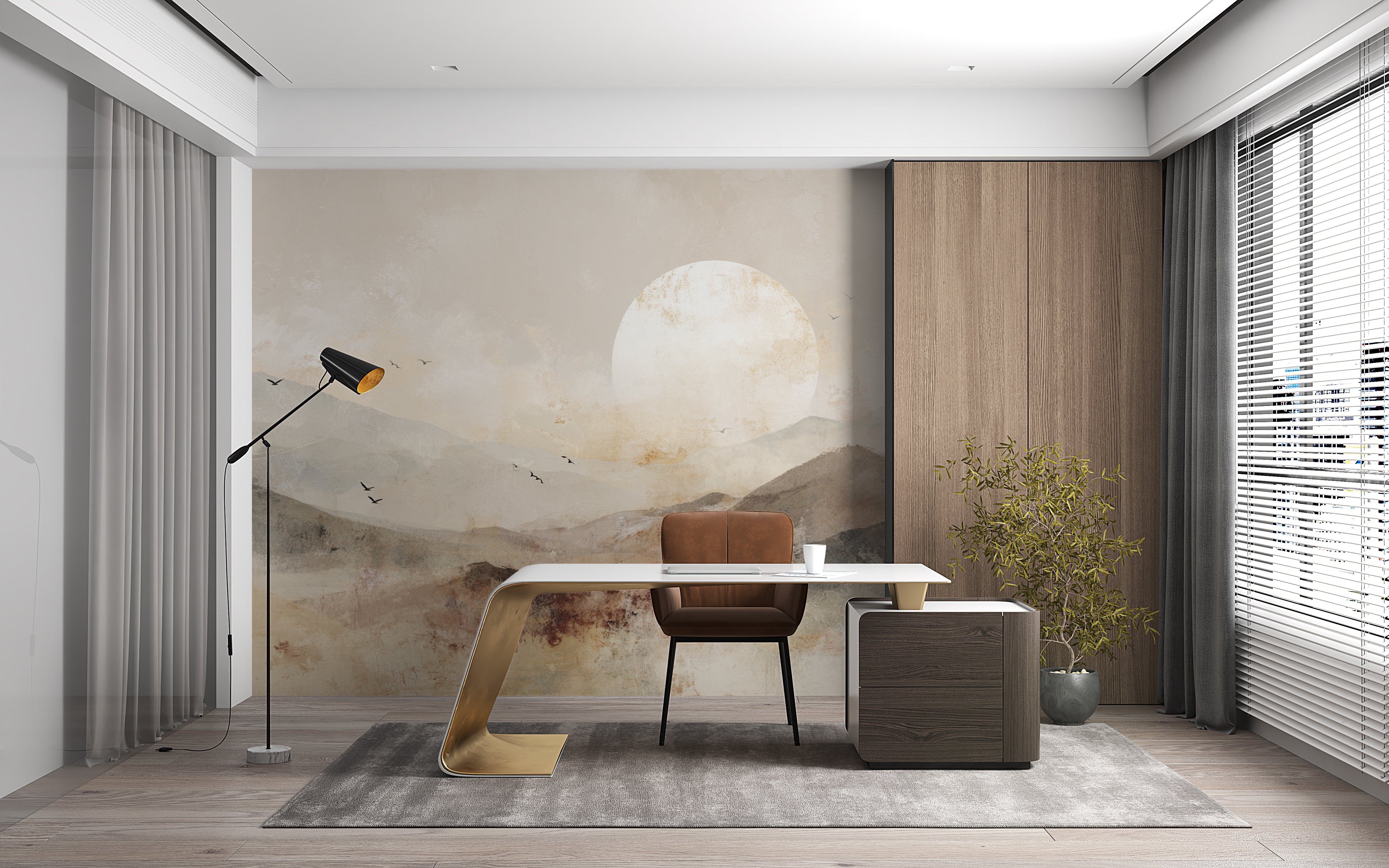 Japandi mural in soft neutrals for bedroom and office walls