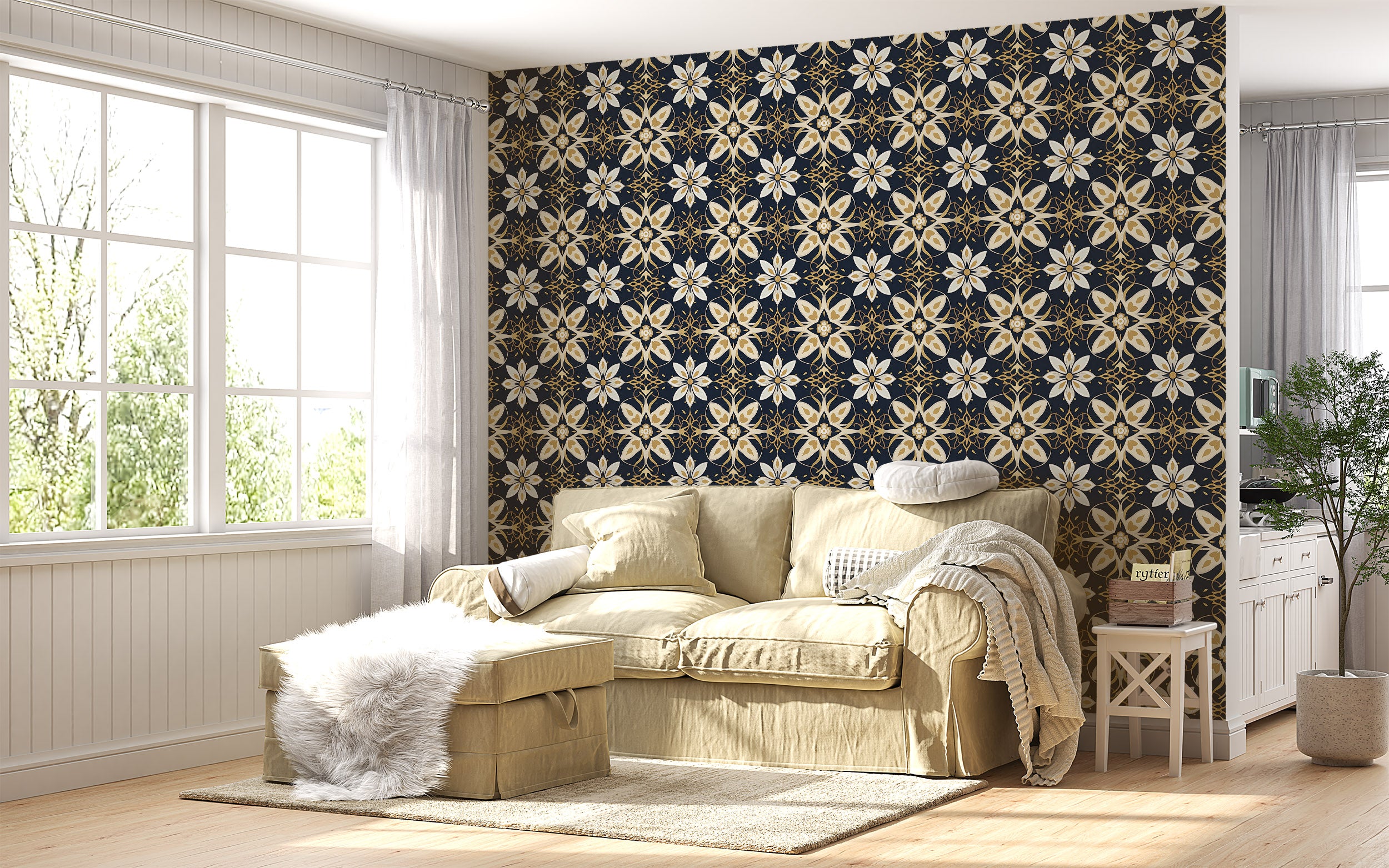 Elegant Blue and Orange Floral Wall Covering