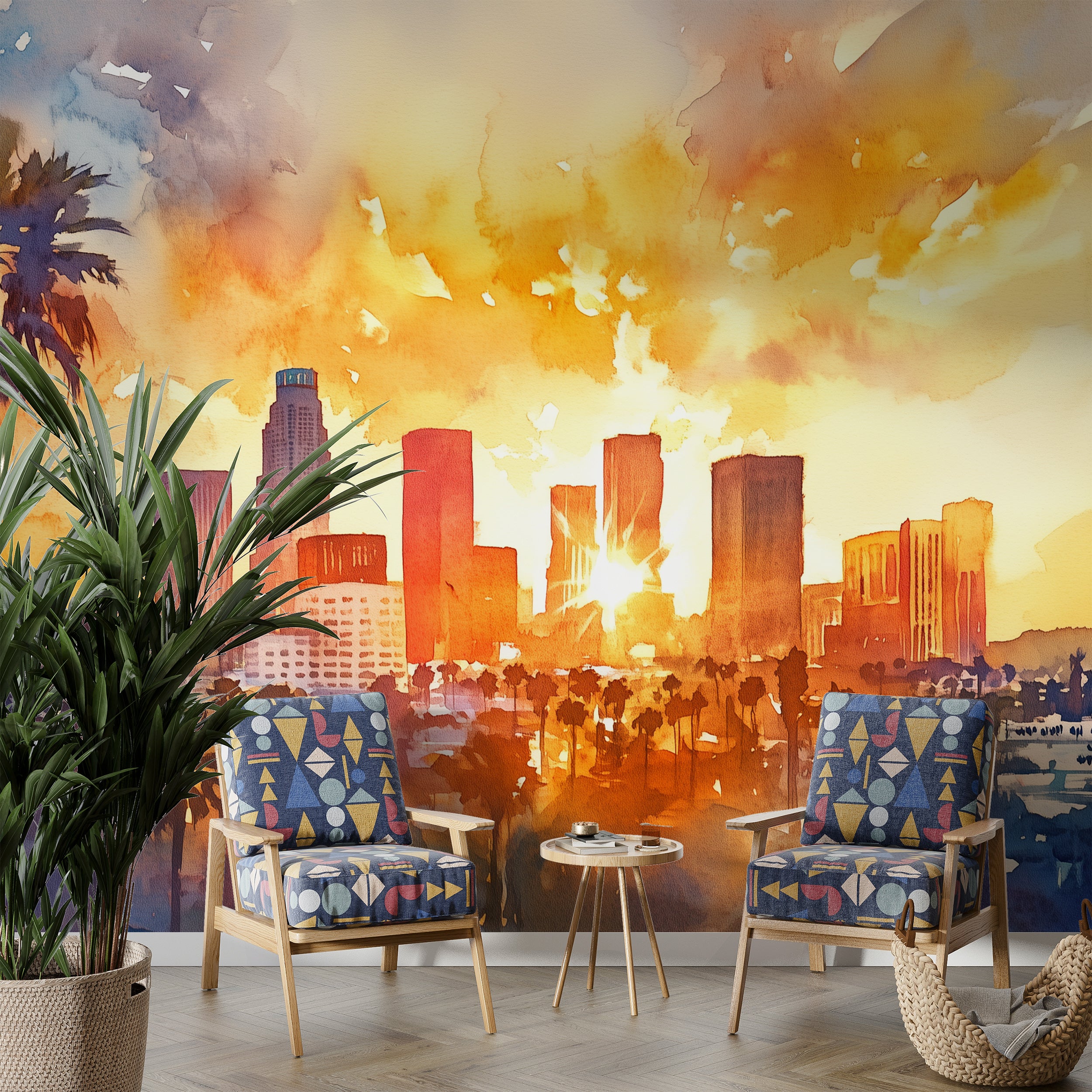 Los Angeles Sunset Mural, Peel and Stick Watercolor City Wallpaper, Los Angeles Downtown Art, California Iconic View Wall Decor