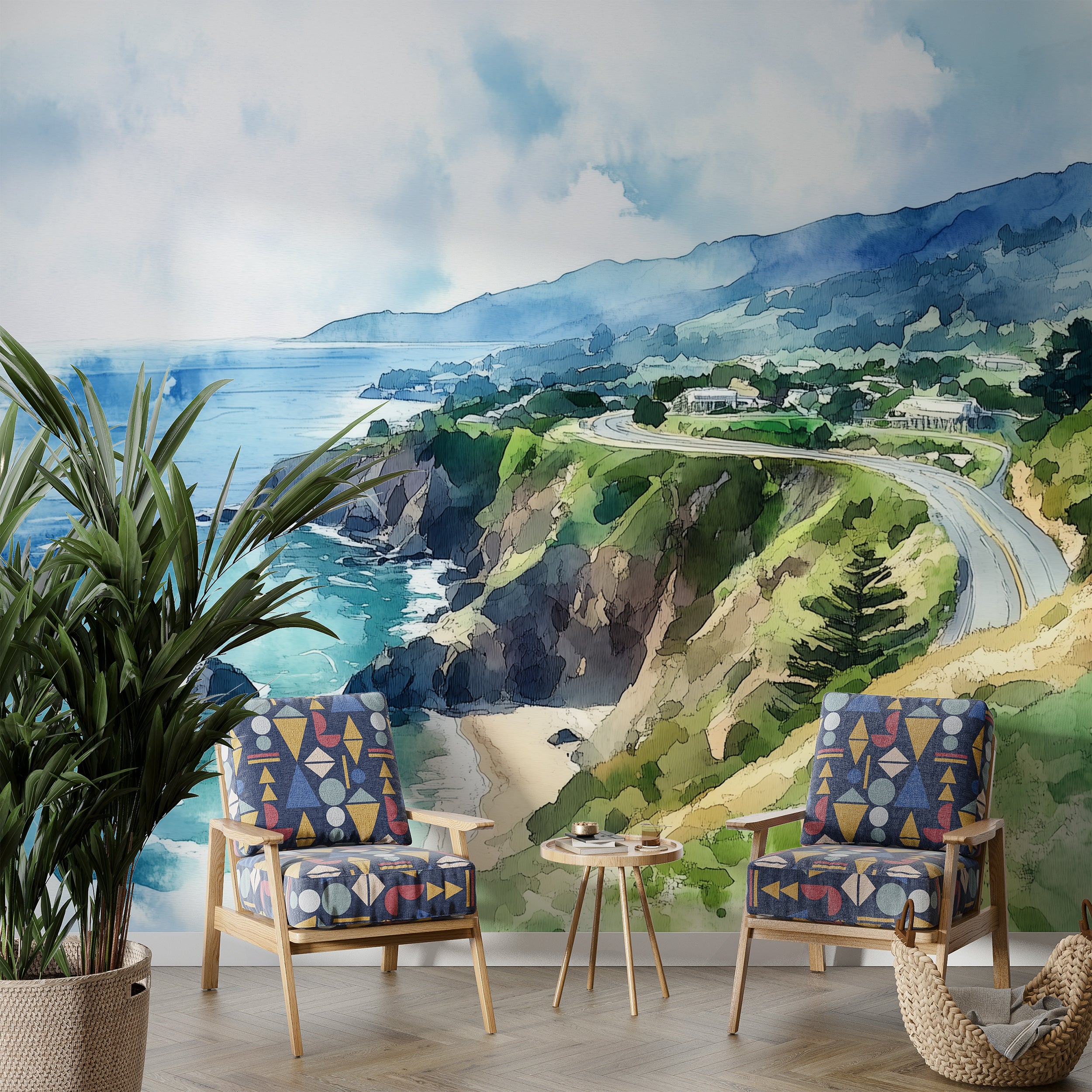 Pacific Coast Highway Mural, Peel and Stick Watercolor California Ocean Wallpaper, Coastal Road Wall Art