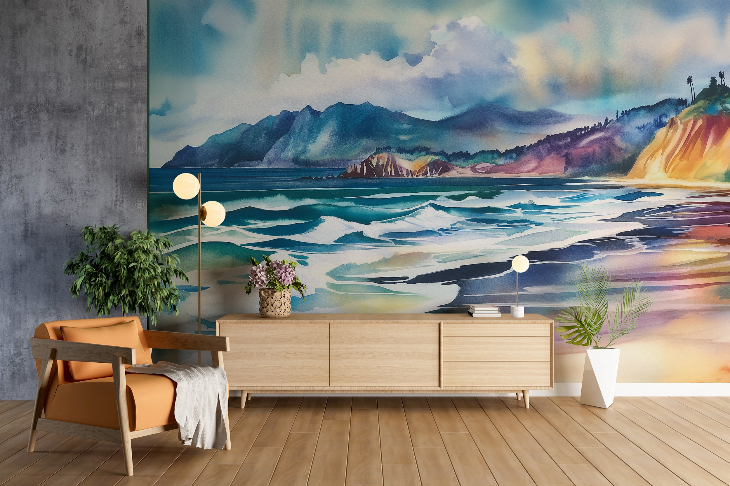 Colorful Beach Wallpaper, Peel and Stick California Coastal Mural, Removable Ocean Wall Art, Watercolor Beach and Mountains Decor