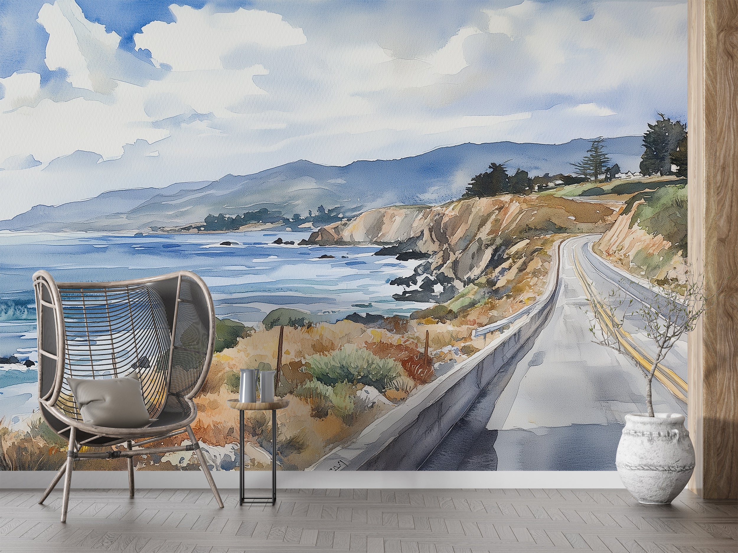 Watercolor Coastal Road Mural, Peel and Stick Breathtaking Ocean View Wallpaper, California Pacific Coast Highway Art