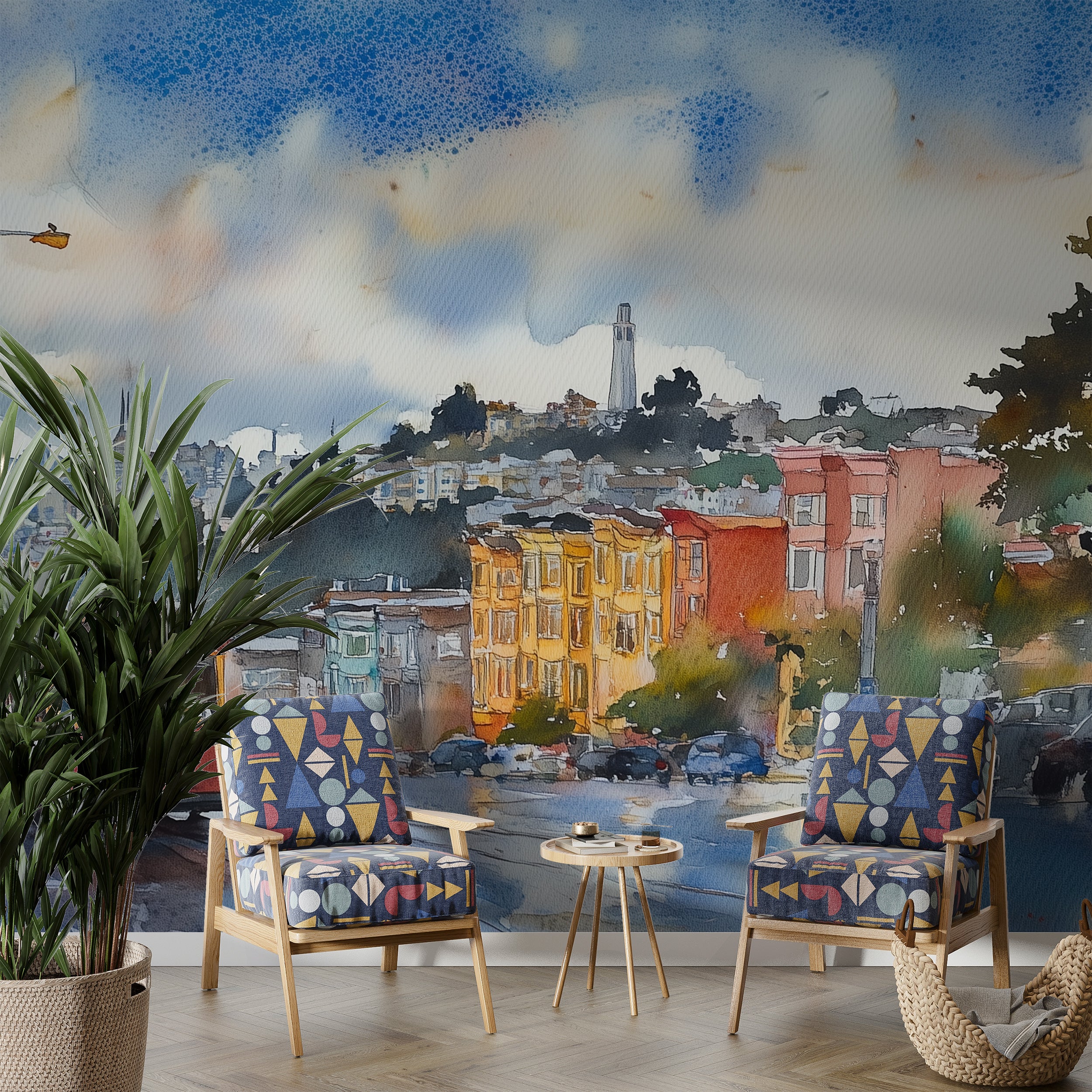 San Francisco Iconic View Mural, Peel and Stick City Landscape Wallpaper, Watercolor Colorful Tram in San Francisco Decor
