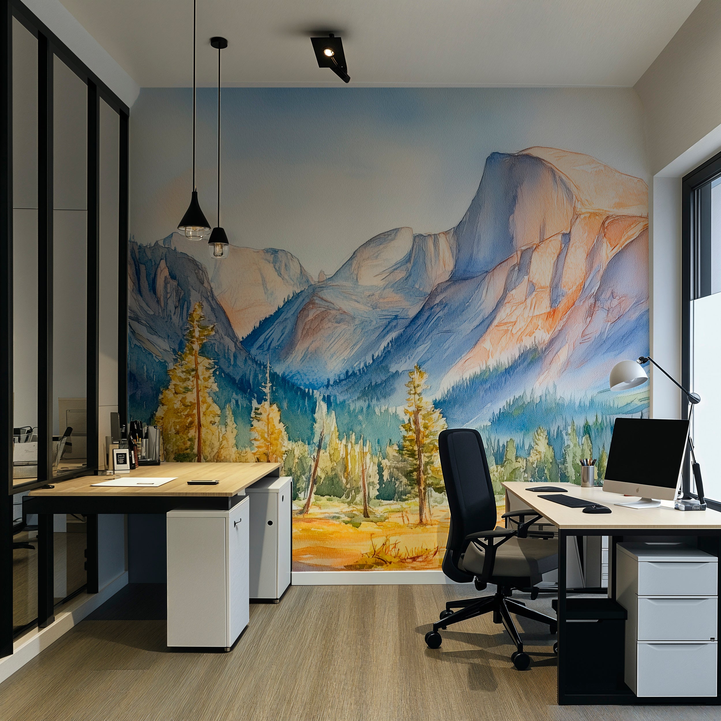 Yosemite Park Wall Mural, Peel and Stick California Rock Mountains Wallpaper, Watercolor National Part Pine Forest Decor