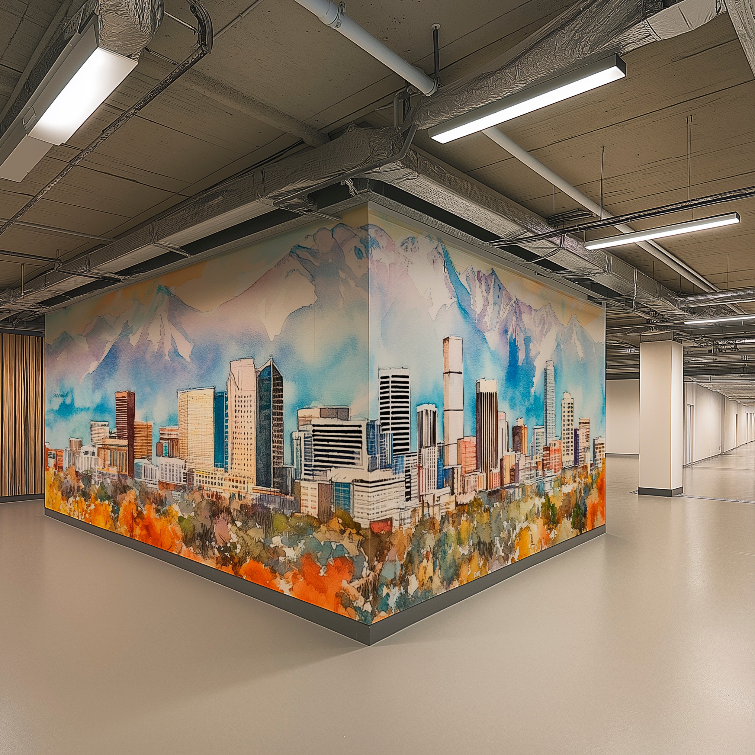 Denver Downtown Wall Mural, Peel and Stick Autumn Forest City and Mountains Wallpaper, Colorado Scenic Landscape Art