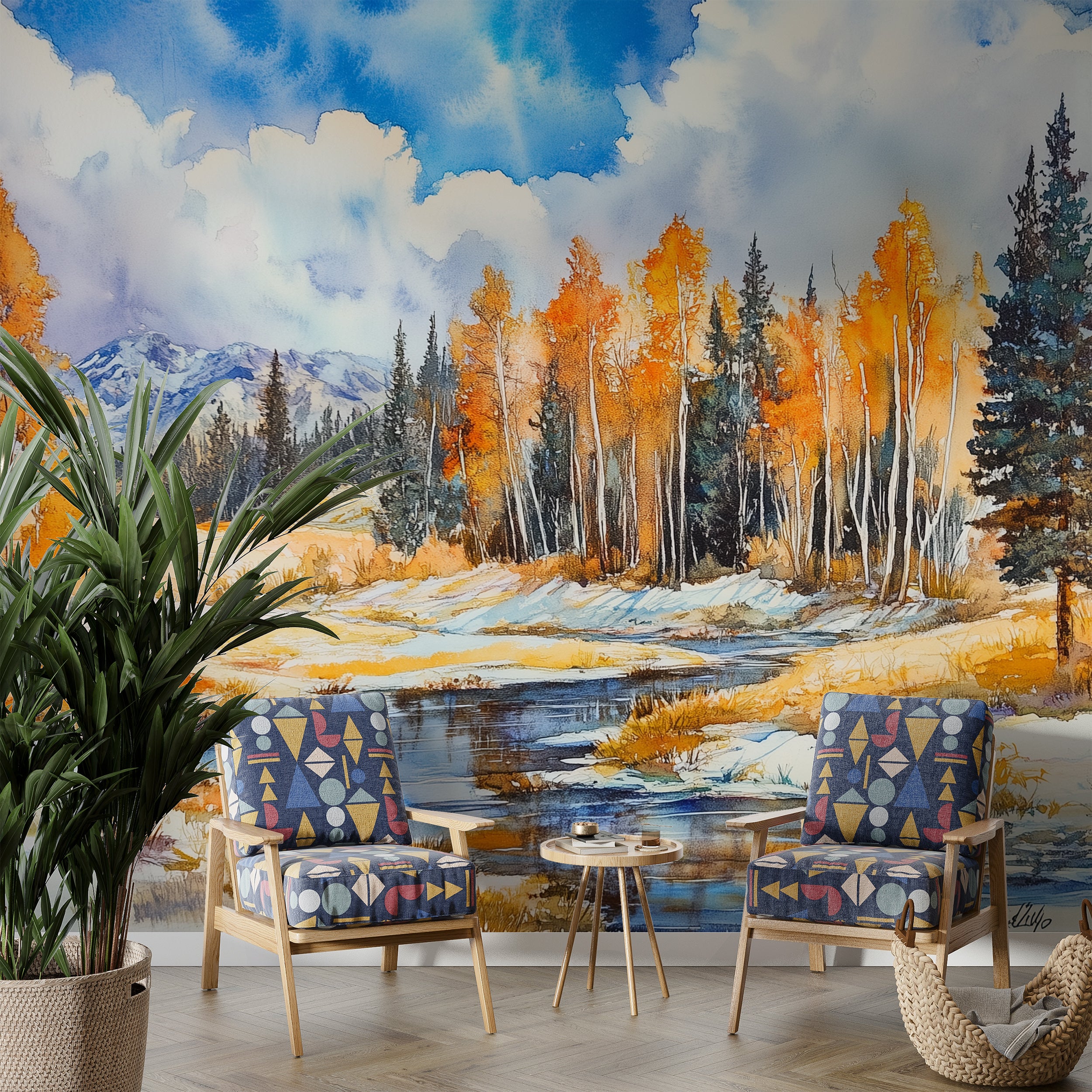 Wild Colorado Nature Wall Mural, Peel and Stick River and Pine Forest Wallpaper, Demi-Season Landscape Art